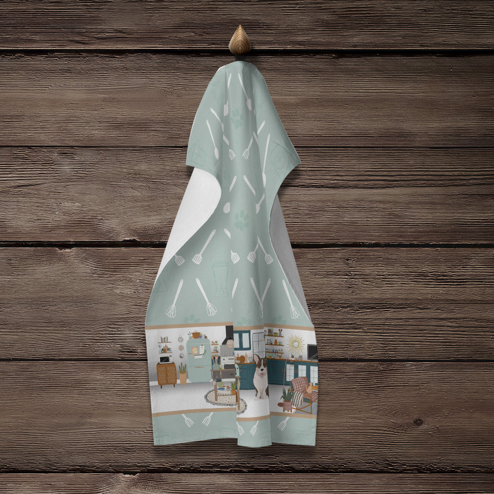 Brindle Cardigan Corgi in the Kitchen Kitchen Towel Velour Plush Front and Cotton Loop Back Machine Washable