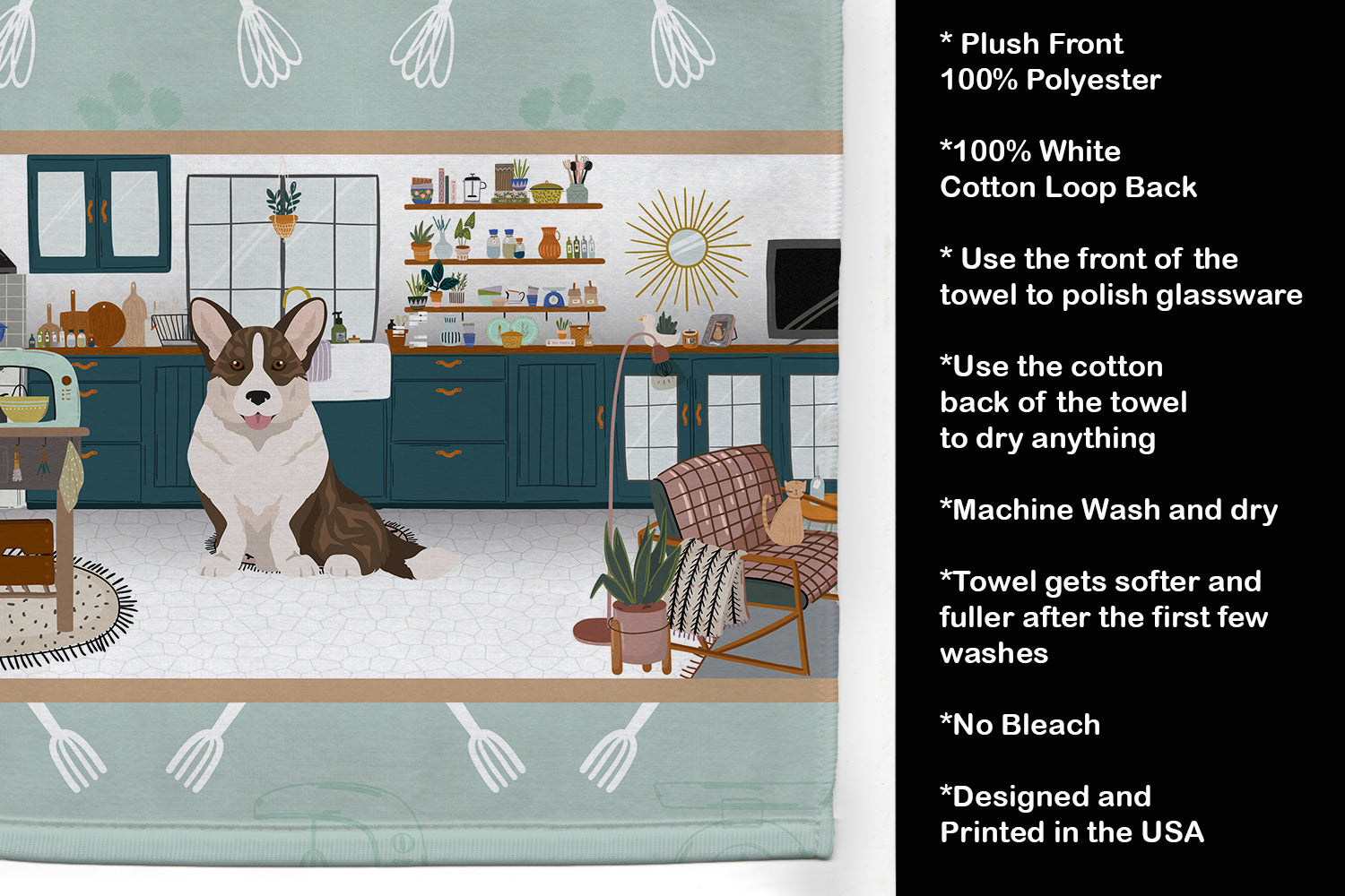 Brindle Cardigan Corgi in the Kitchen Kitchen Towel Velour Plush Front and Cotton Loop Back Machine Washable