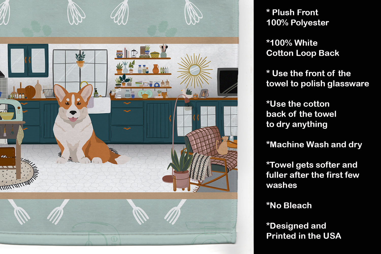 Red Cardigan Corgi in the Kitchen Kitchen Towel Velour Plush Front and Cotton Loop Back Machine Washable