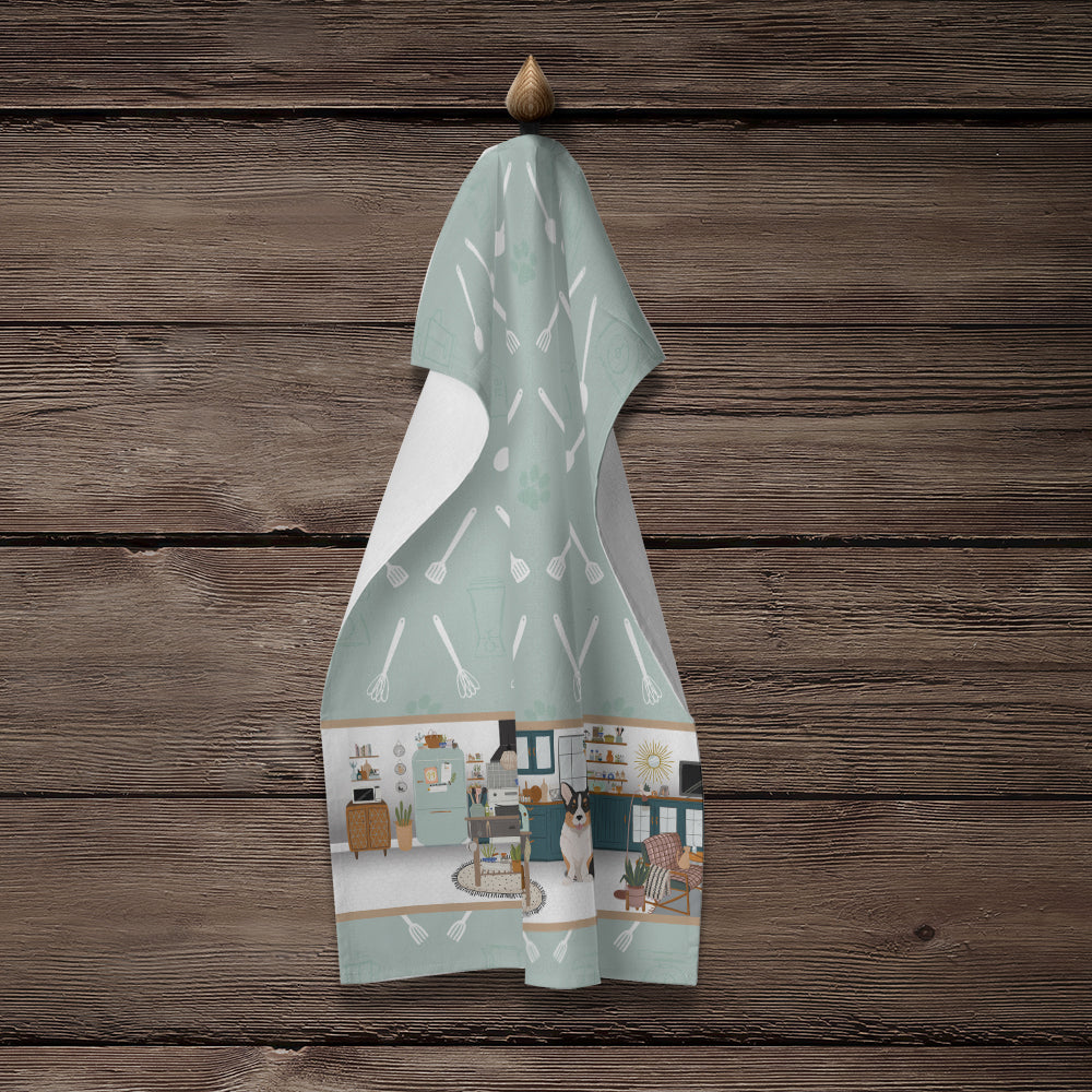 Tricolor Cardigan Corgi in the Kitchen Kitchen Towel Velour Plush Front and Cotton Loop Back Machine Washable