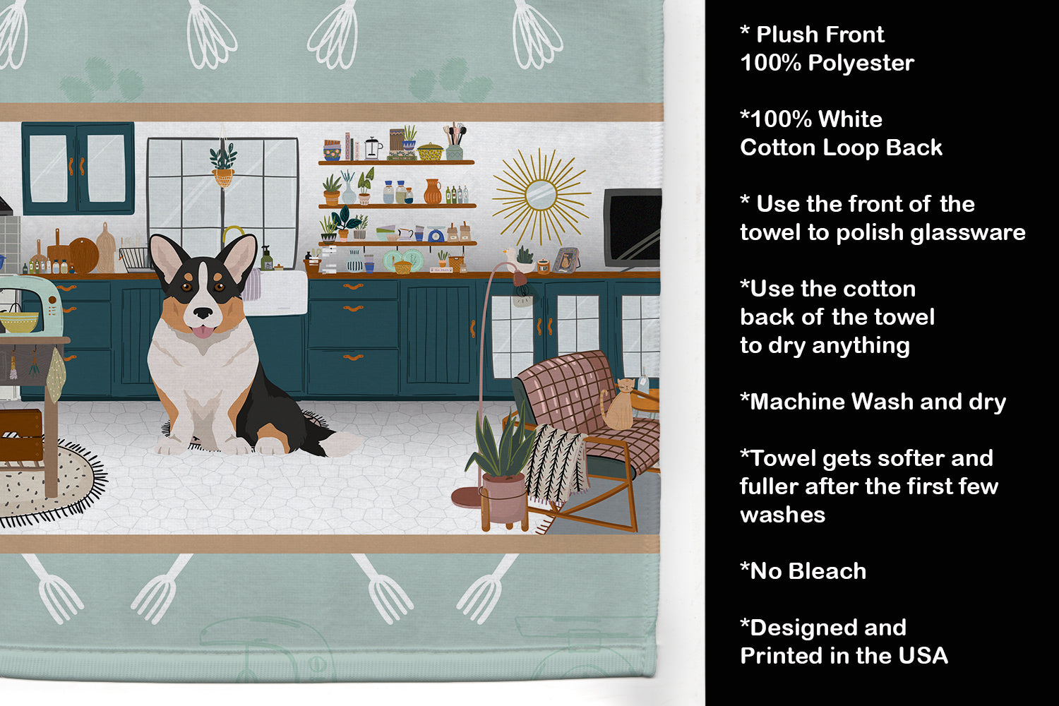 Tricolor Cardigan Corgi in the Kitchen Kitchen Towel Velour Plush Front and Cotton Loop Back Machine Washable