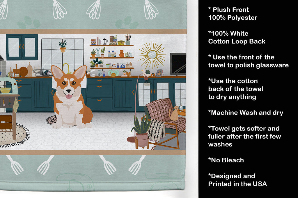 Red Pembroke Corgi in the Kitchen Kitchen Towel Velour Plush Front and Cotton Loop Back Machine Washable