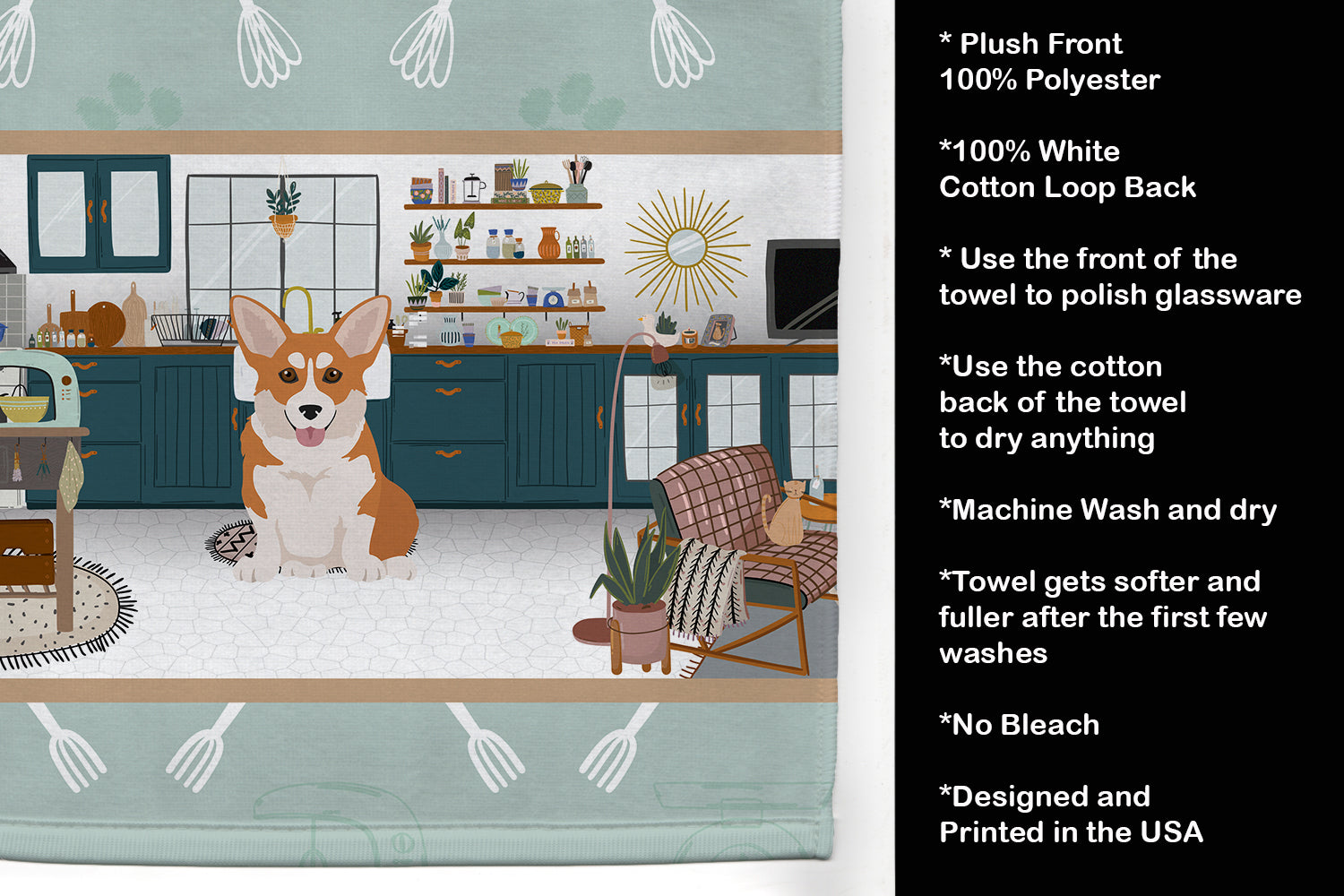Red Pembroke Corgi in the Kitchen Kitchen Towel Velour Plush Front and Cotton Loop Back Machine Washable