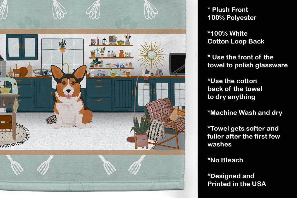 Sable Pembroke Corgi in the Kitchen Kitchen Towel Velour Plush Front and Cotton Loop Back Machine Washable