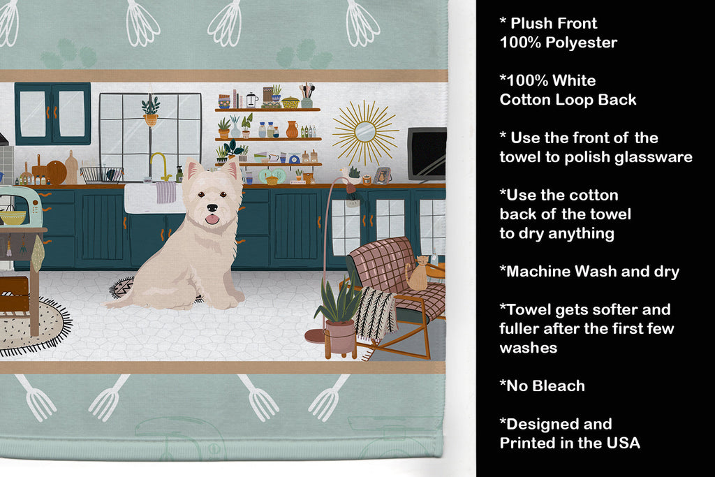 Westie West Highland White Terrier in the Kitchen Kitchen Towel Velour Plush Front and Cotton Loop Back Machine Washable