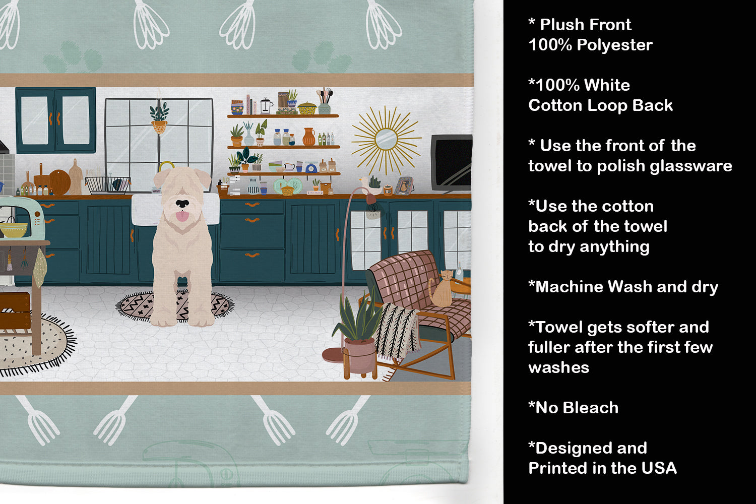 Soft Coated Wheaten Terrier in the Kitchen Kitchen Towel Velour Plush Front and Cotton Loop Back Machine Washable