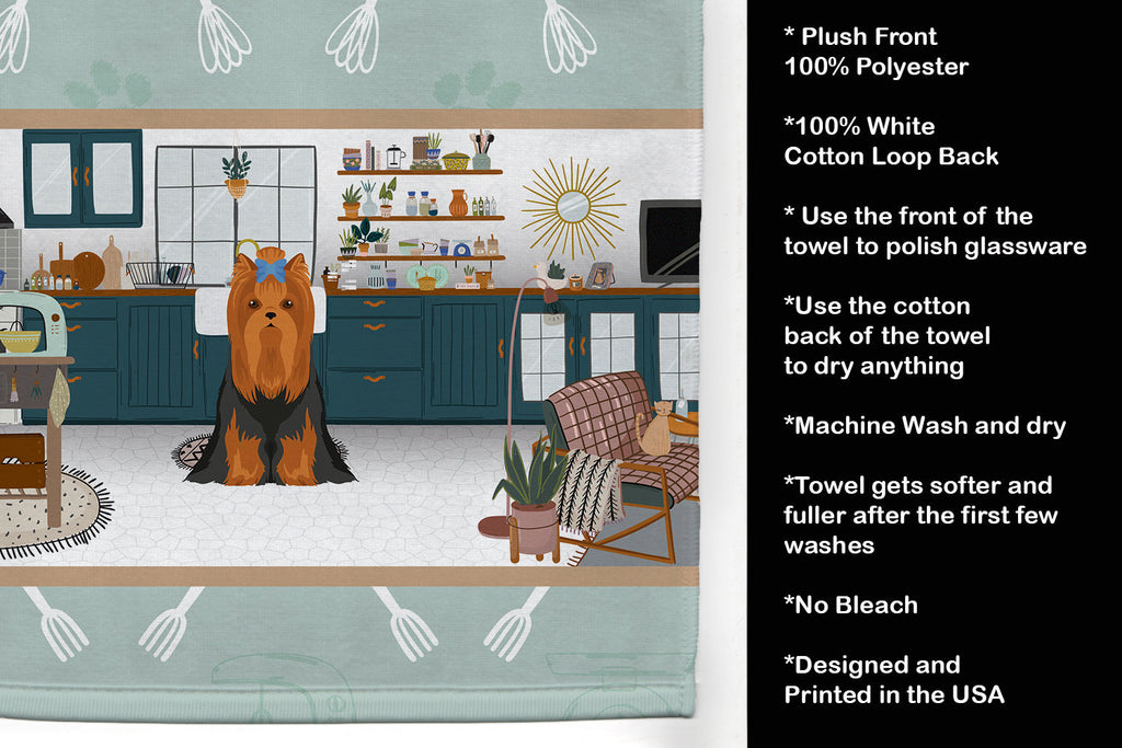 Black and Tan Full Coat Yorkshire Terrier in the Kitchen Kitchen Towel Velour Plush Front and Cotton Loop Back Machine Washable