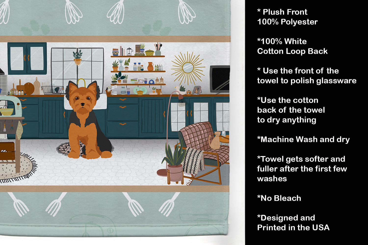 Black and Tan Puppy Cut Yorkshire Terrier in the Kitchen Kitchen Towel Velour Plush Front and Cotton Loop Back Machine Washable