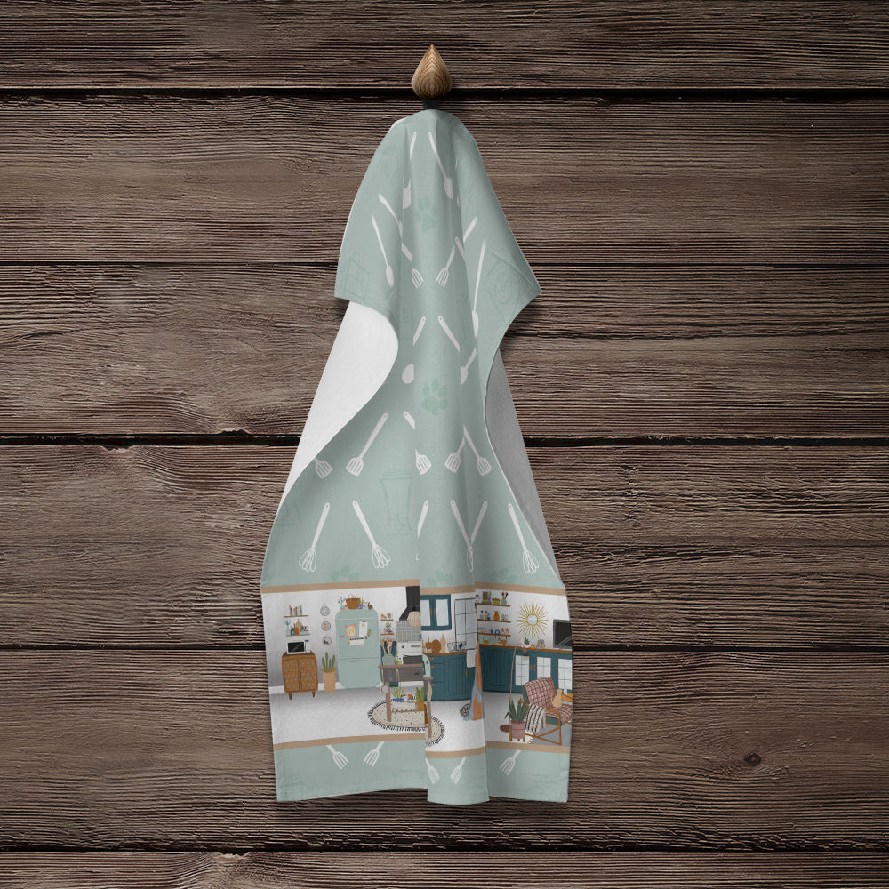 Blue and Tan Full Coat Yorkshire Terrier in the Kitchen Kitchen Towel Velour Plush Front and Cotton Loop Back Machine Washable