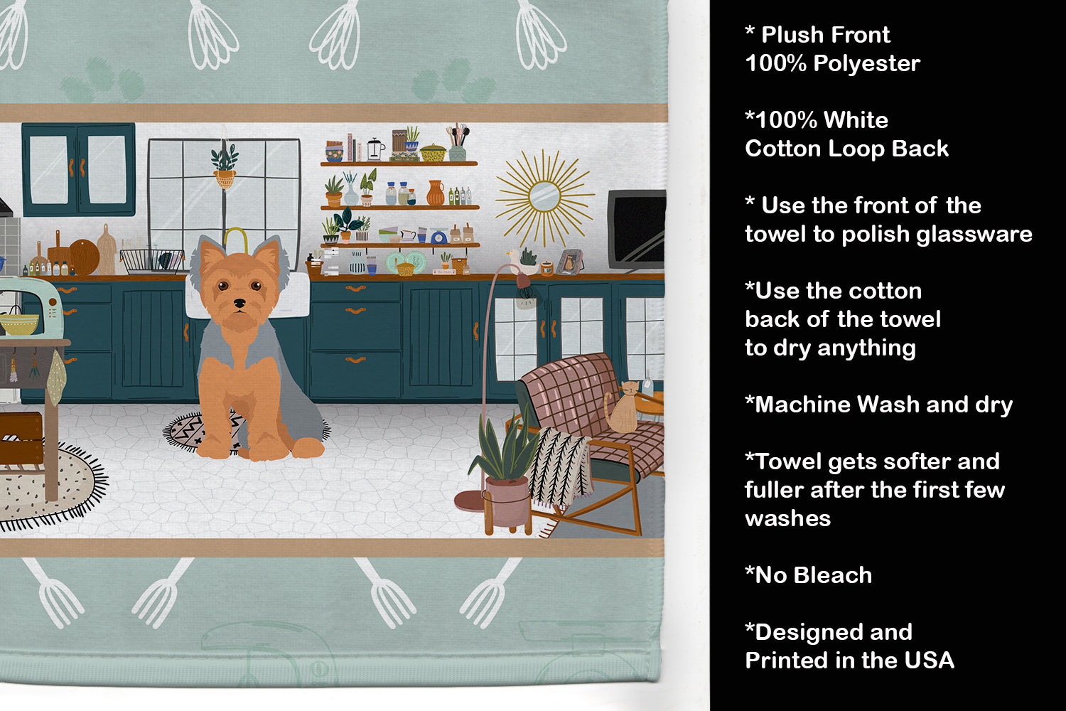 Blue and Tan Puppy Cut Yorkshire Terrier in the Kitchen Kitchen Towel Velour Plush Front and Cotton Loop Back Machine Washable