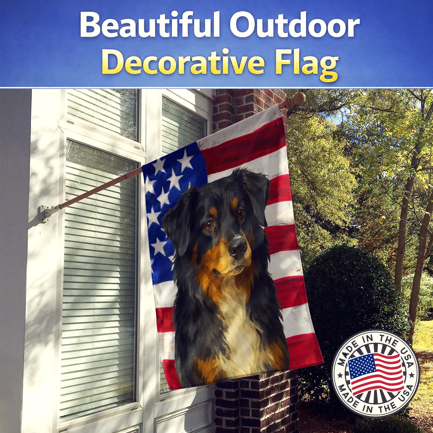 Black Australian Shepherd American Flag House Flag 28x40 Porch Sleeve Pole Decorative Outside Yard Banner Artwork Wall Hanging, Polyester