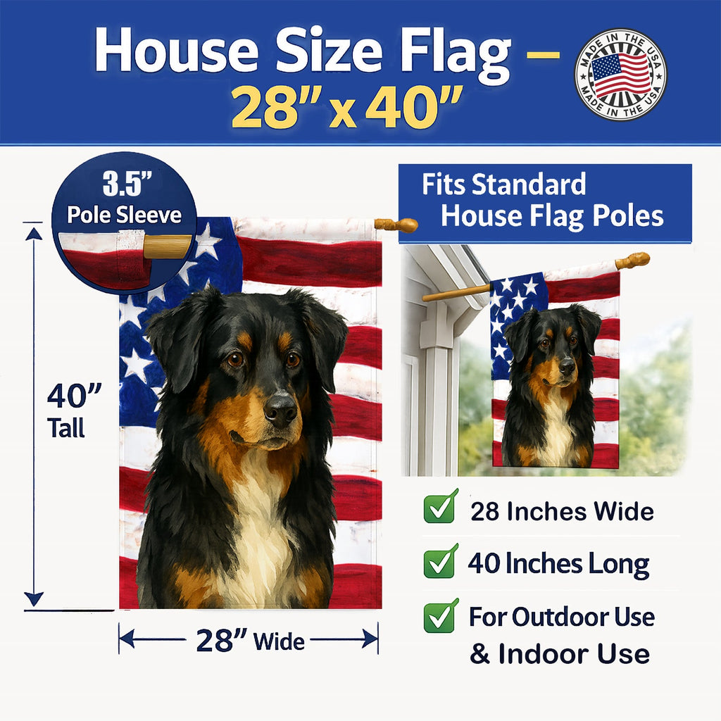 Black Australian Shepherd American Flag House Flag 28x40 Porch Sleeve Pole Decorative Outside Yard Banner Artwork Wall Hanging, Polyester