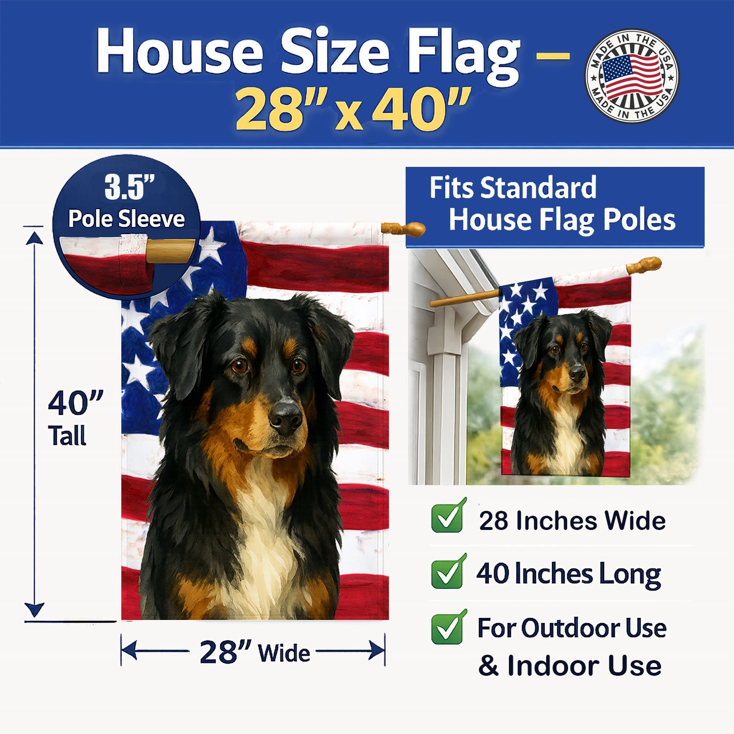 Black Australian Shepherd American Flag House Flag 28x40 Porch Sleeve Pole Decorative Outside Yard Banner Artwork Wall Hanging, Polyester