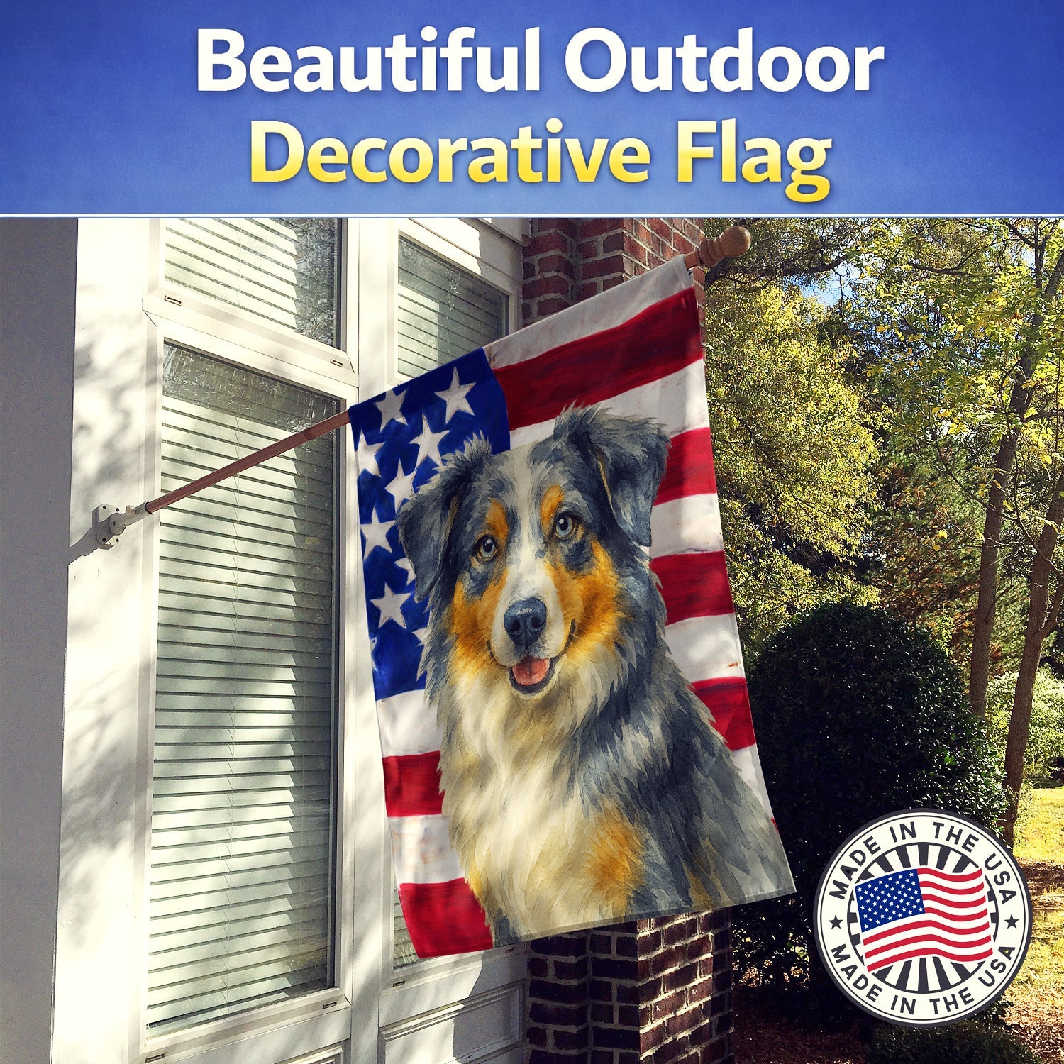 Blue Merle Australian Shepherd American Flag House Flag 28x40 Porch Sleeve Pole Decorative Outside Yard Banner Artwork Wall Hanging, Polyester