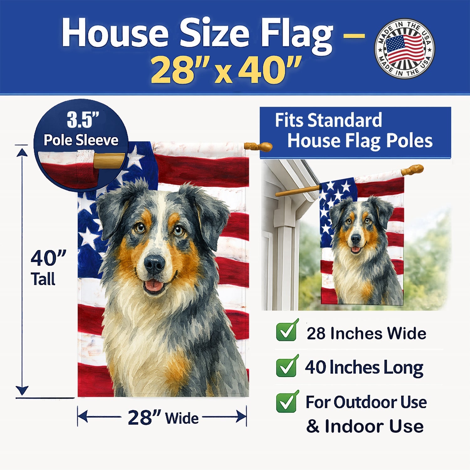 Blue Merle Australian Shepherd American Flag House Flag 28x40 Porch Sleeve Pole Decorative Outside Yard Banner Artwork Wall Hanging, Polyester