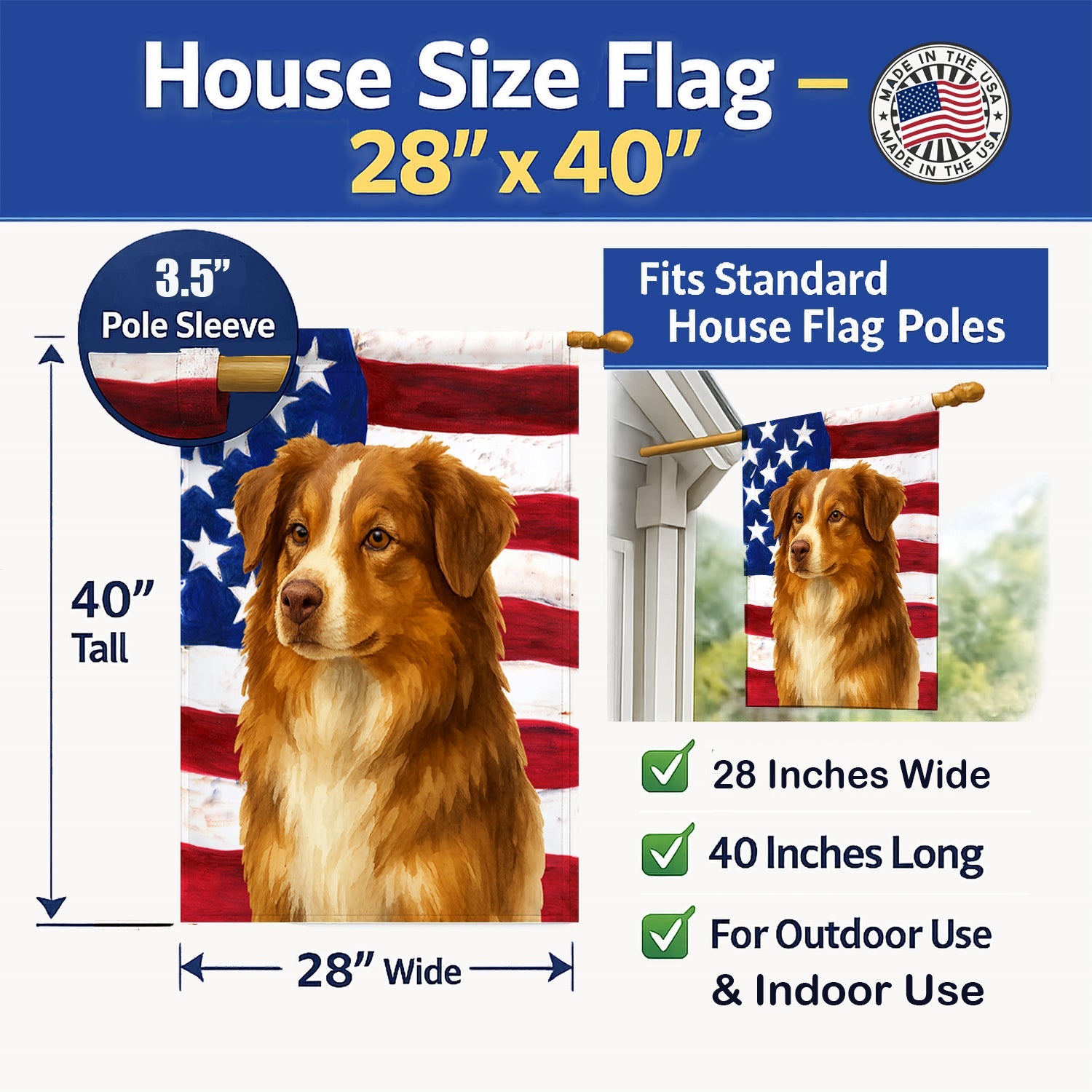 Red Australian Shepherd American Flag House Flag 28x40 Porch Sleeve Pole Decorative Outside Yard Banner Artwork Wall Hanging, Polyester