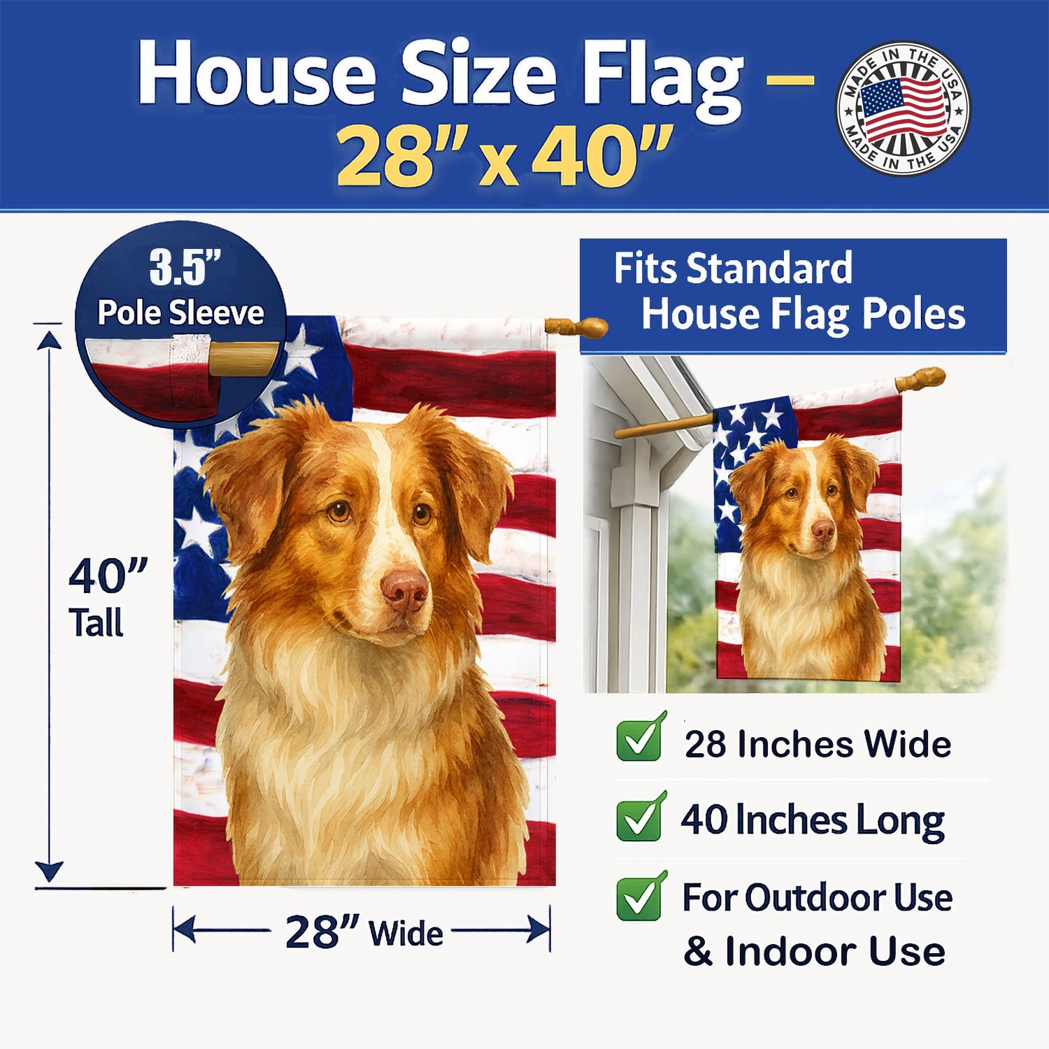 Red Merle Australian Shepherd American Flag House Flag 28x40 Porch Sleeve Pole Decorative Outside Yard Banner Artwork Wall Hanging, Polyester