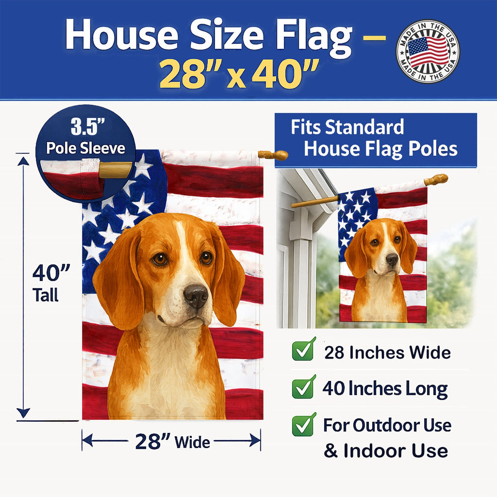Red and White Beagle American Flag House Flag 28x40 Porch Sleeve Pole Decorative Outside Yard Banner Artwork Wall Hanging, Polyester