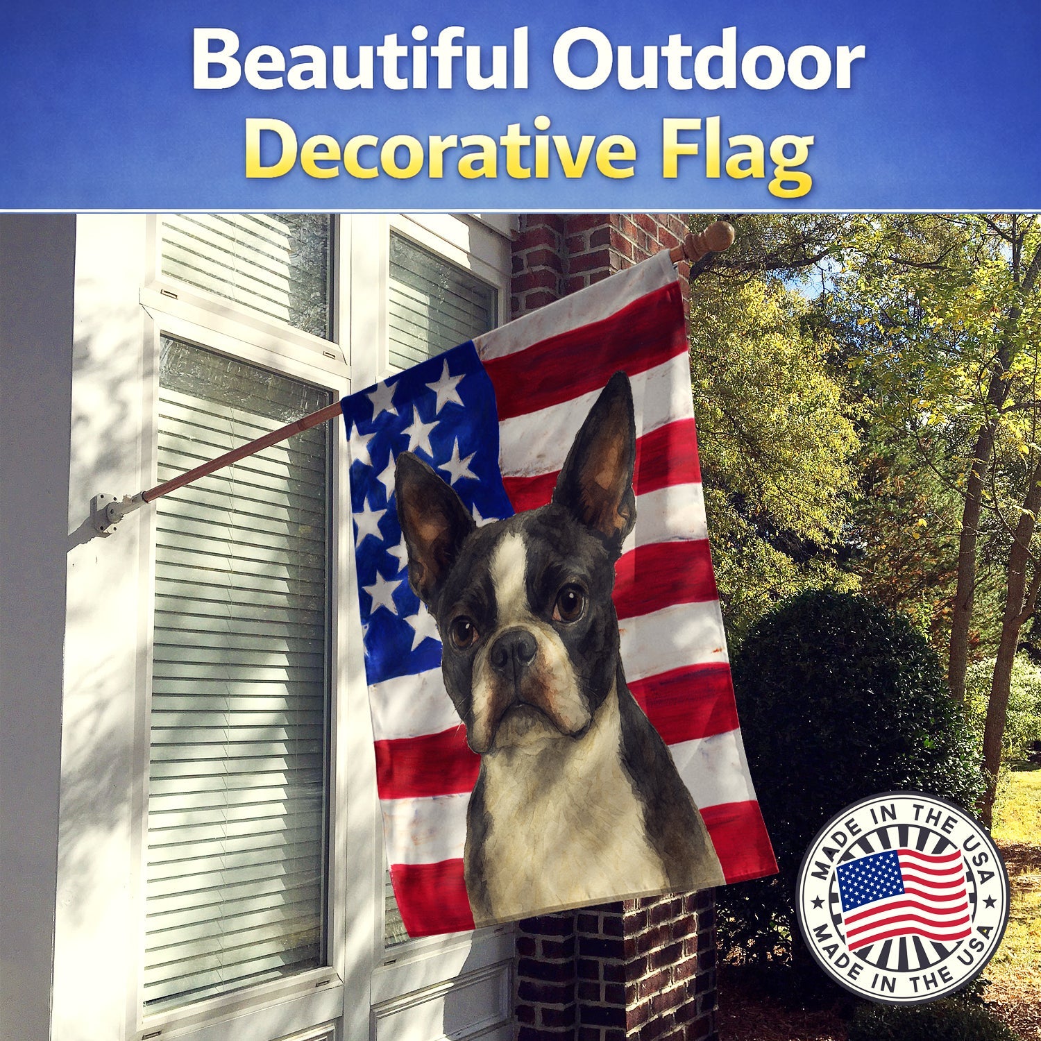 Boston Terrier American Flag House Flag 28x40 Porch Sleeve Pole Decorative Outside Yard Banner Artwork Wall Hanging, Polyester