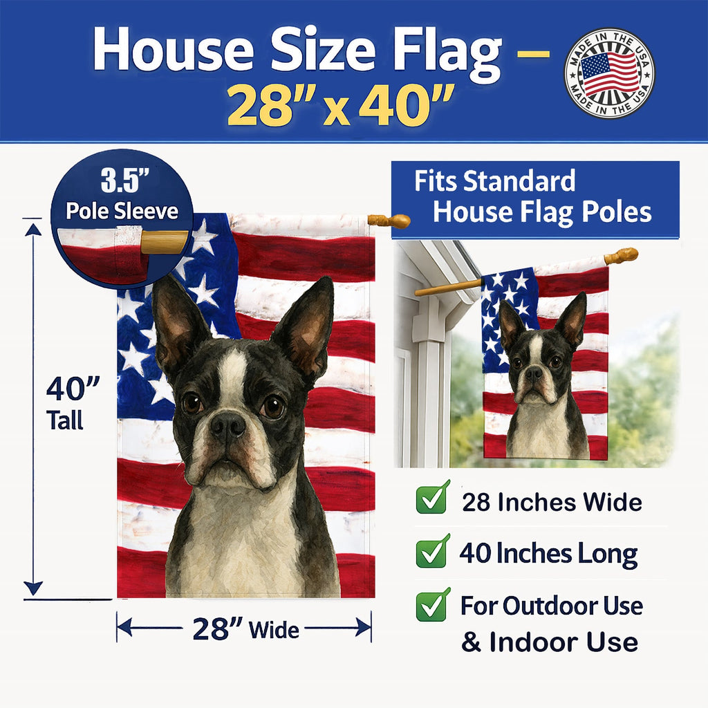 Boston Terrier American Flag House Flag 28x40 Porch Sleeve Pole Decorative Outside Yard Banner Artwork Wall Hanging, Polyester