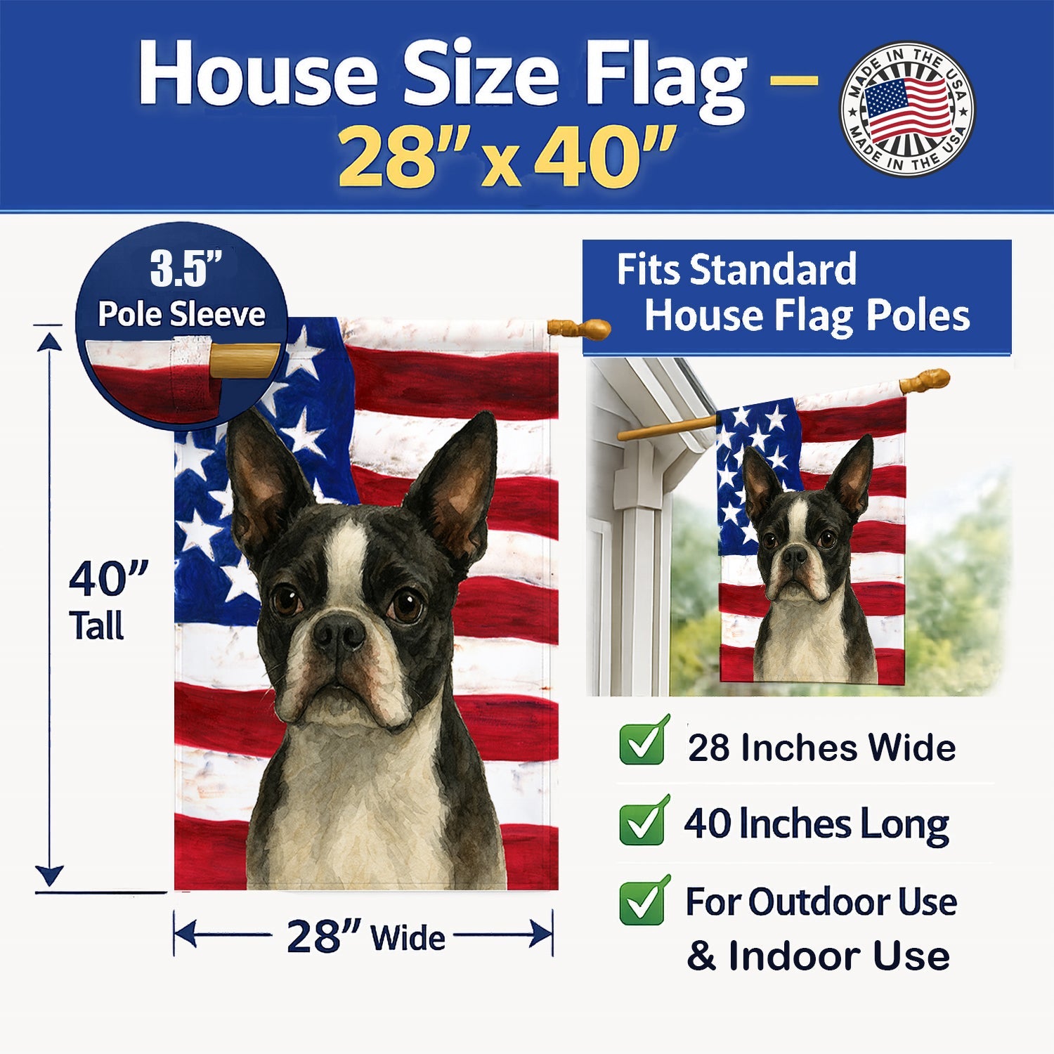Boston Terrier American Flag House Flag 28x40 Porch Sleeve Pole Decorative Outside Yard Banner Artwork Wall Hanging, Polyester
