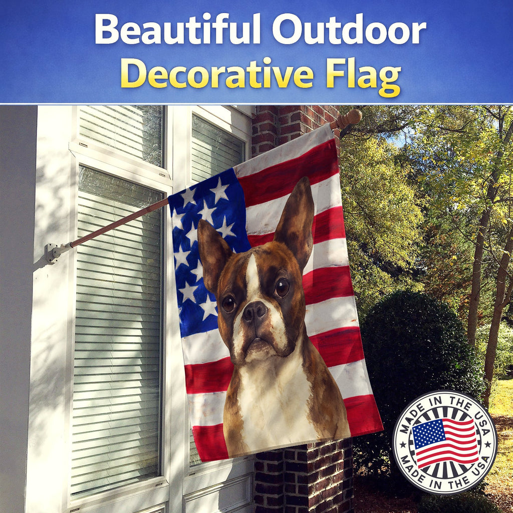 Brindle and White Boston Terrier American Flag House Flag 28x40 Porch Sleeve Pole Decorative Outside Yard Banner Artwork Wall Hanging, Polyester