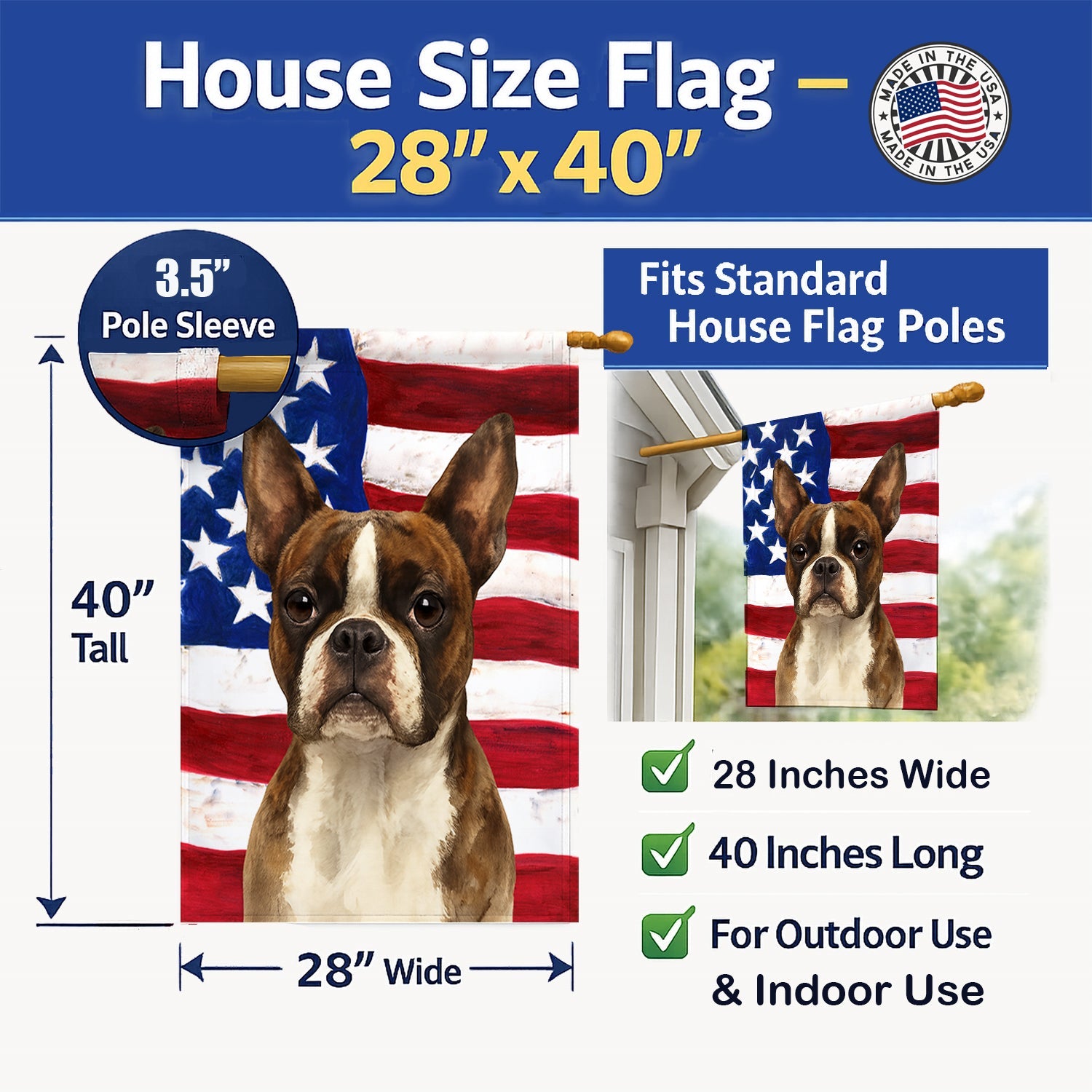 Brindle and White Boston Terrier American Flag House Flag 28x40 Porch Sleeve Pole Decorative Outside Yard Banner Artwork Wall Hanging, Polyester