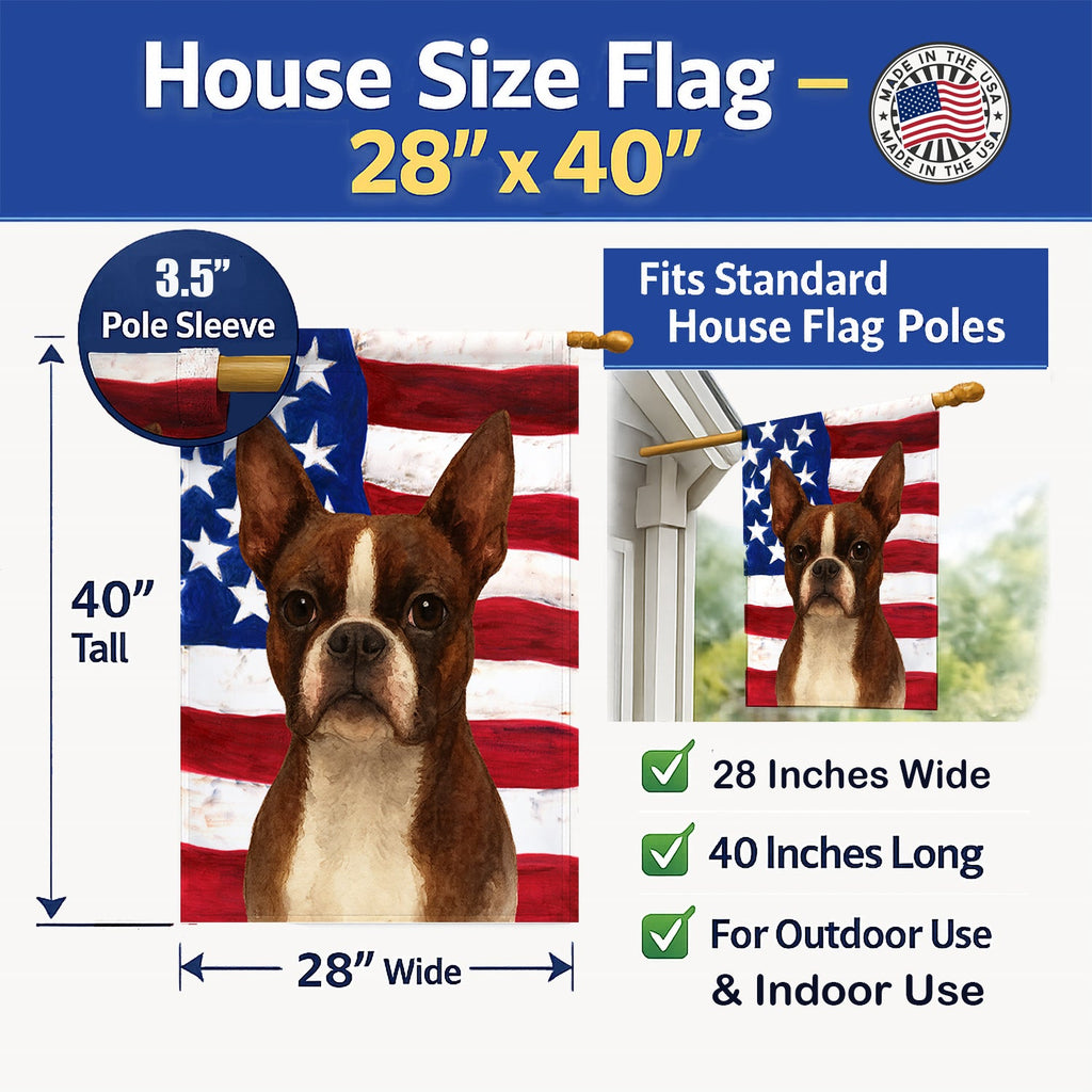 Seal and White Boston Terrier American Flag House Flag 28x40 Porch Sleeve Pole Decorative Outside Yard Banner Artwork Wall Hanging, Polyester