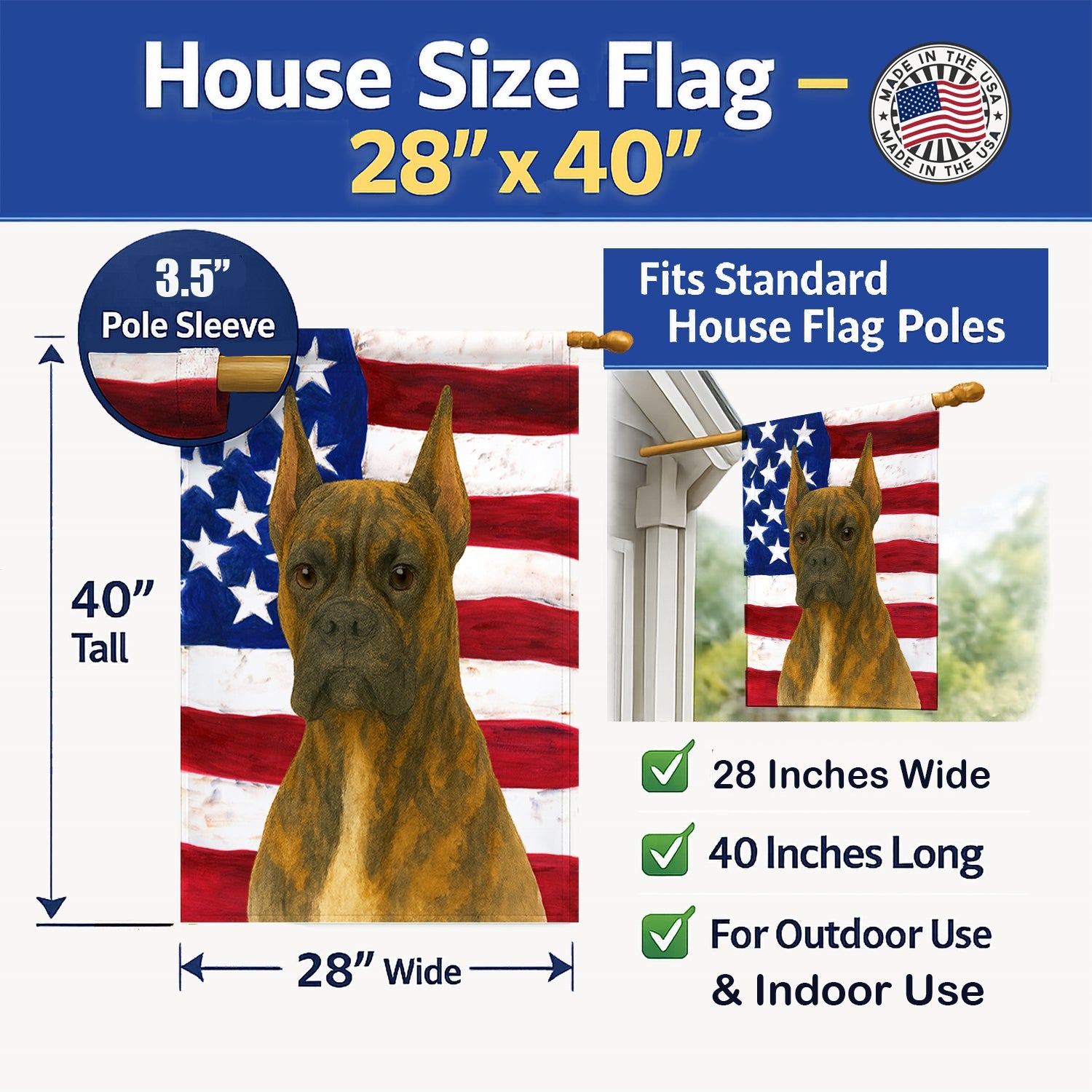 Brindle Cropped Boxer American Flag House Flag 28x40 Porch Sleeve Pole Decorative Outside Yard Banner Artwork Wall Hanging, Polyester