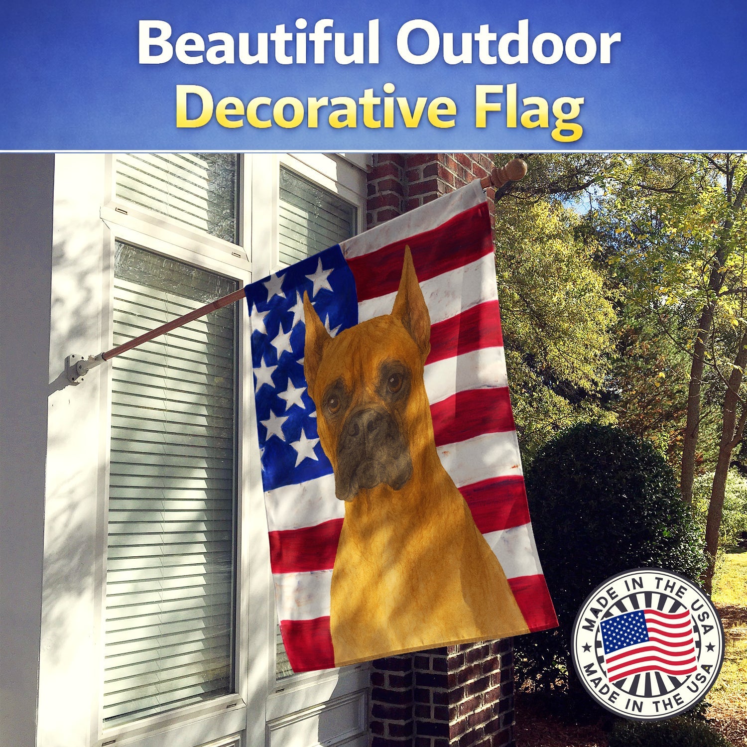 Fawn Cropped Boxer American Flag House Flag 28x40 Porch Sleeve Pole Decorative Outside Yard Banner Artwork Wall Hanging, Polyester