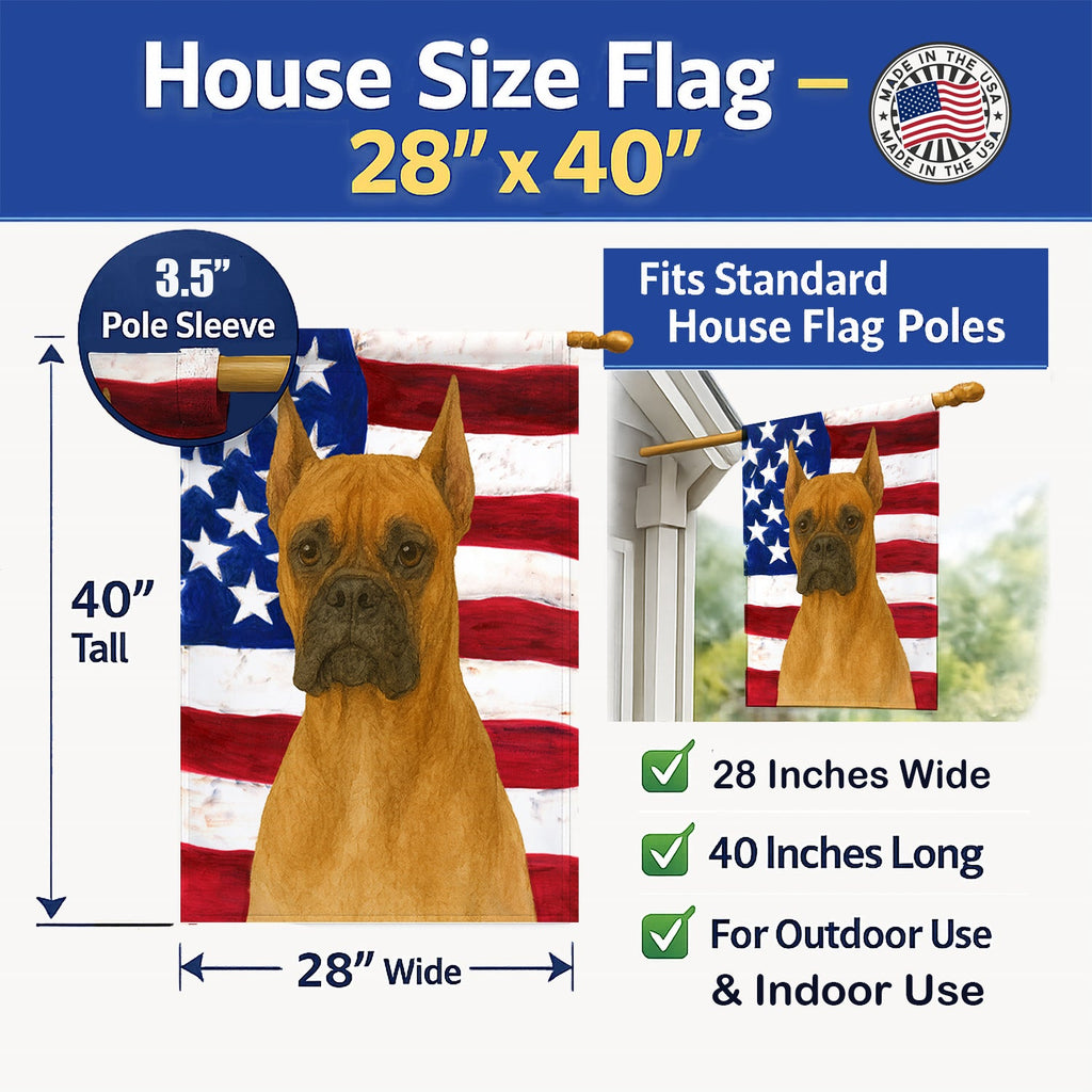 Fawn Cropped Boxer American Flag House Flag 28x40 Porch Sleeve Pole Decorative Outside Yard Banner Artwork Wall Hanging, Polyester