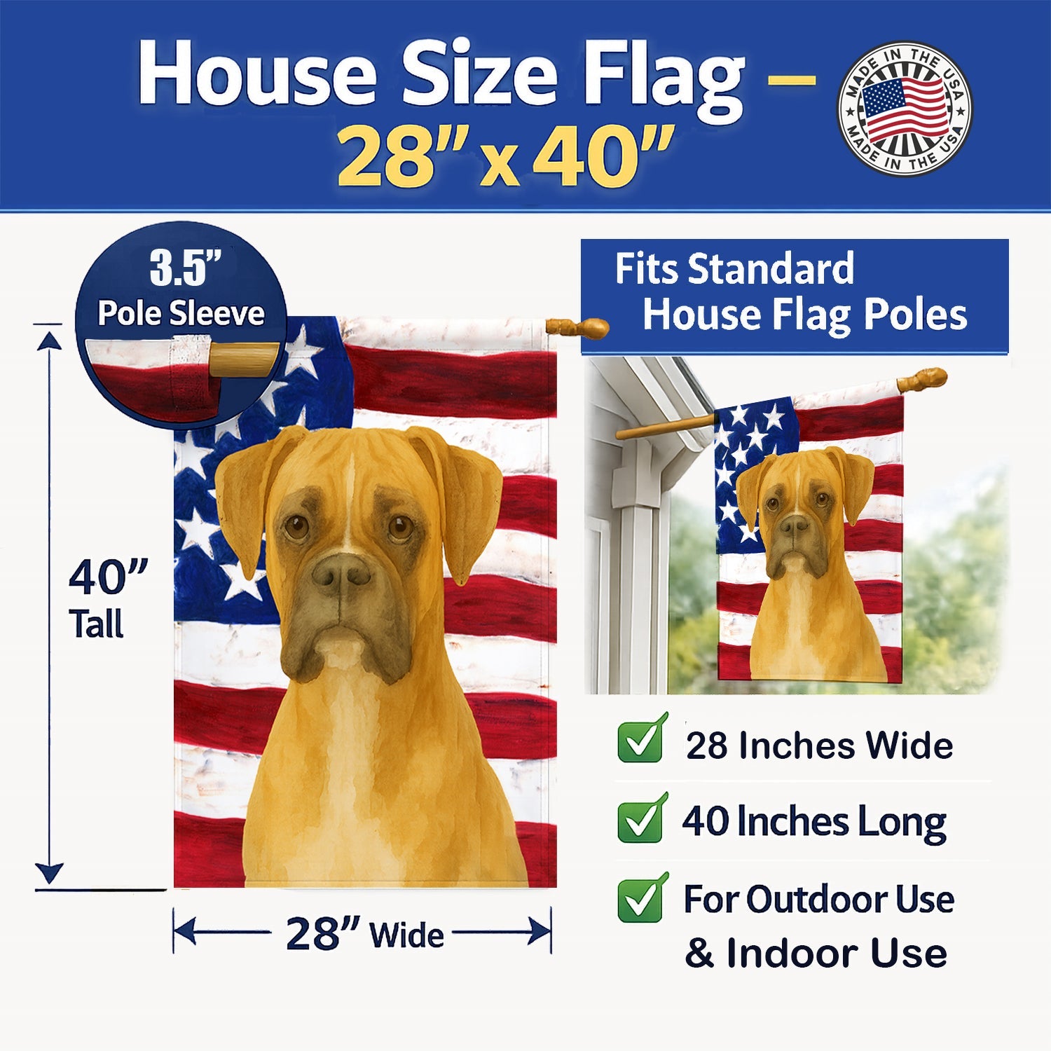 Fawn Boxer American Flag House Flag 28x40 Porch Sleeve Pole Decorative Outside Yard Banner Artwork Wall Hanging, Polyester