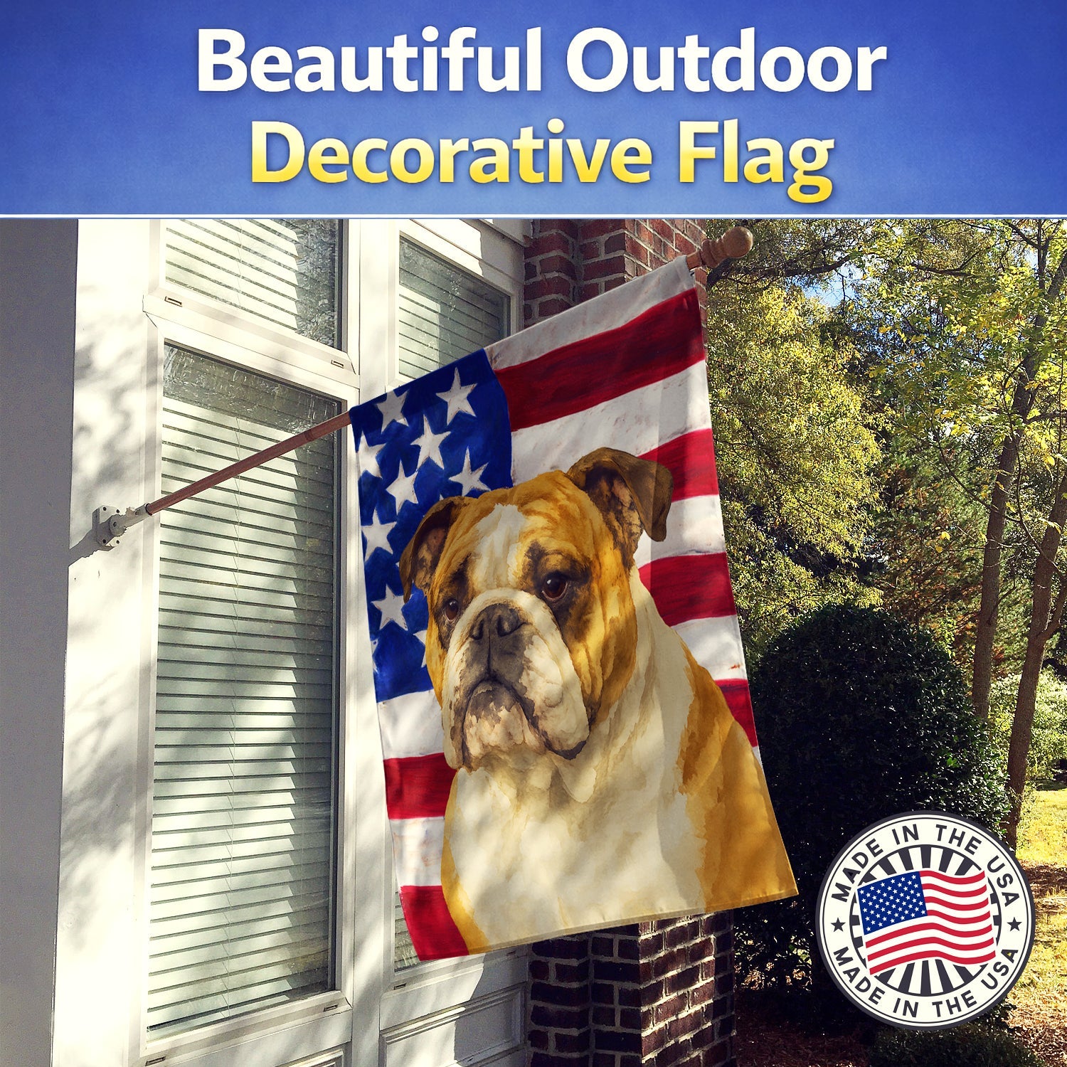 Brindle and White English Bulldog American Flag House Flag 28x40 Porch Sleeve Pole Decorative Outside Yard Banner Artwork Wall Hanging, Polyester
