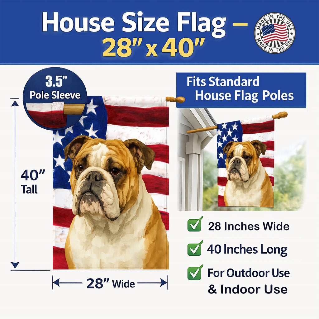 Brindle and White English Bulldog American Flag House Flag 28x40 Porch Sleeve Pole Decorative Outside Yard Banner Artwork Wall Hanging, Polyester