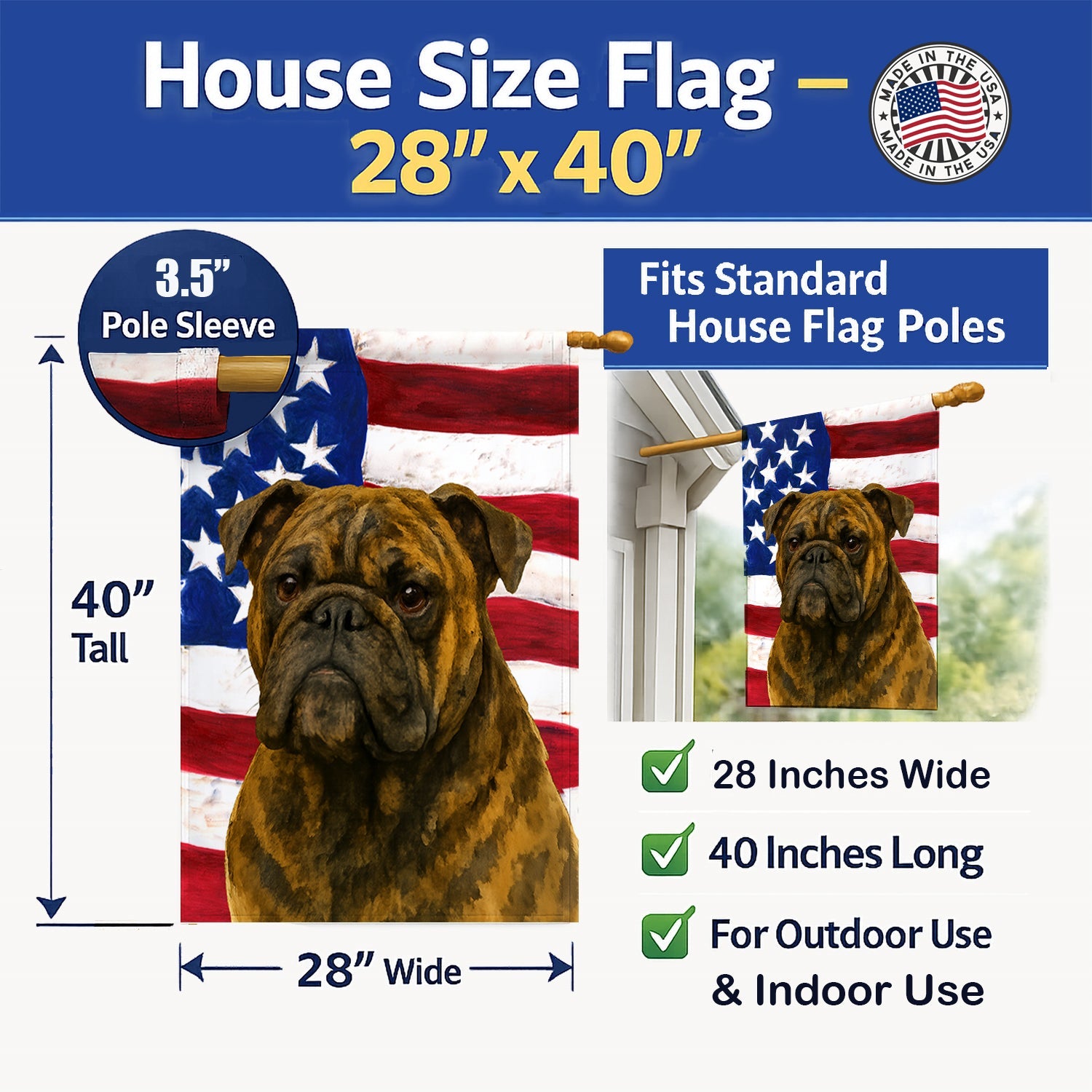 Brindle English Bulldog American Flag House Flag 28x40 Porch Sleeve Pole Decorative Outside Yard Banner Artwork Wall Hanging, Polyester
