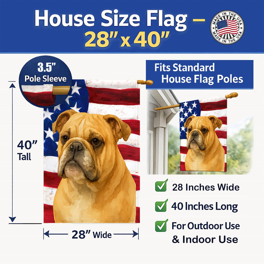 Fawn English Bulldog American Flag House Flag 28x40 Porch Sleeve Pole Decorative Outside Yard Banner Artwork Wall Hanging, Polyester