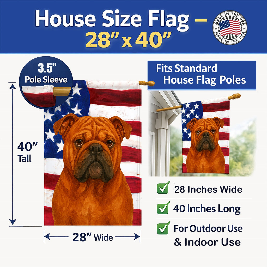 Red English Bulldog American Flag House Flag 28x40 Porch Sleeve Pole Decorative Outside Yard Banner Artwork Wall Hanging, Polyester
