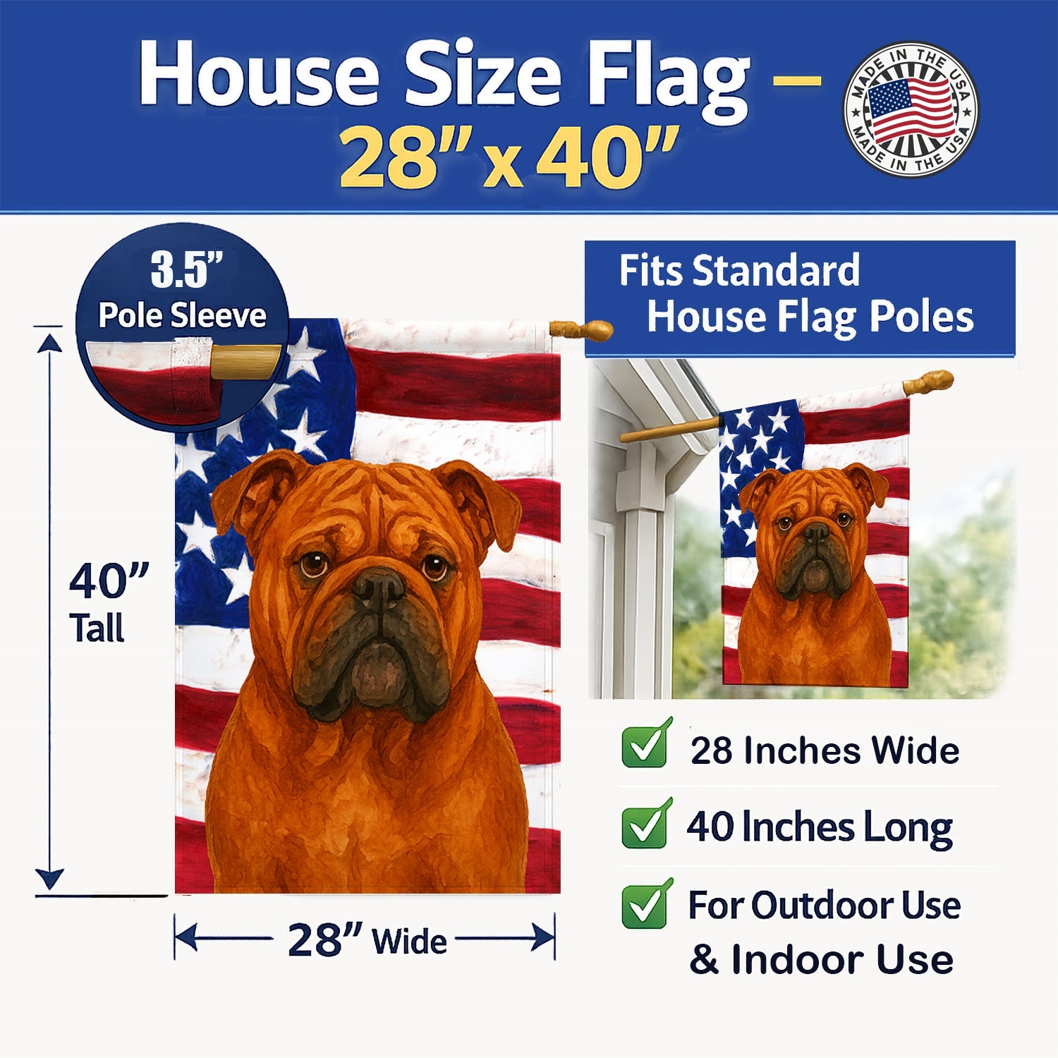 Red English Bulldog American Flag House Flag 28x40 Porch Sleeve Pole Decorative Outside Yard Banner Artwork Wall Hanging, Polyester