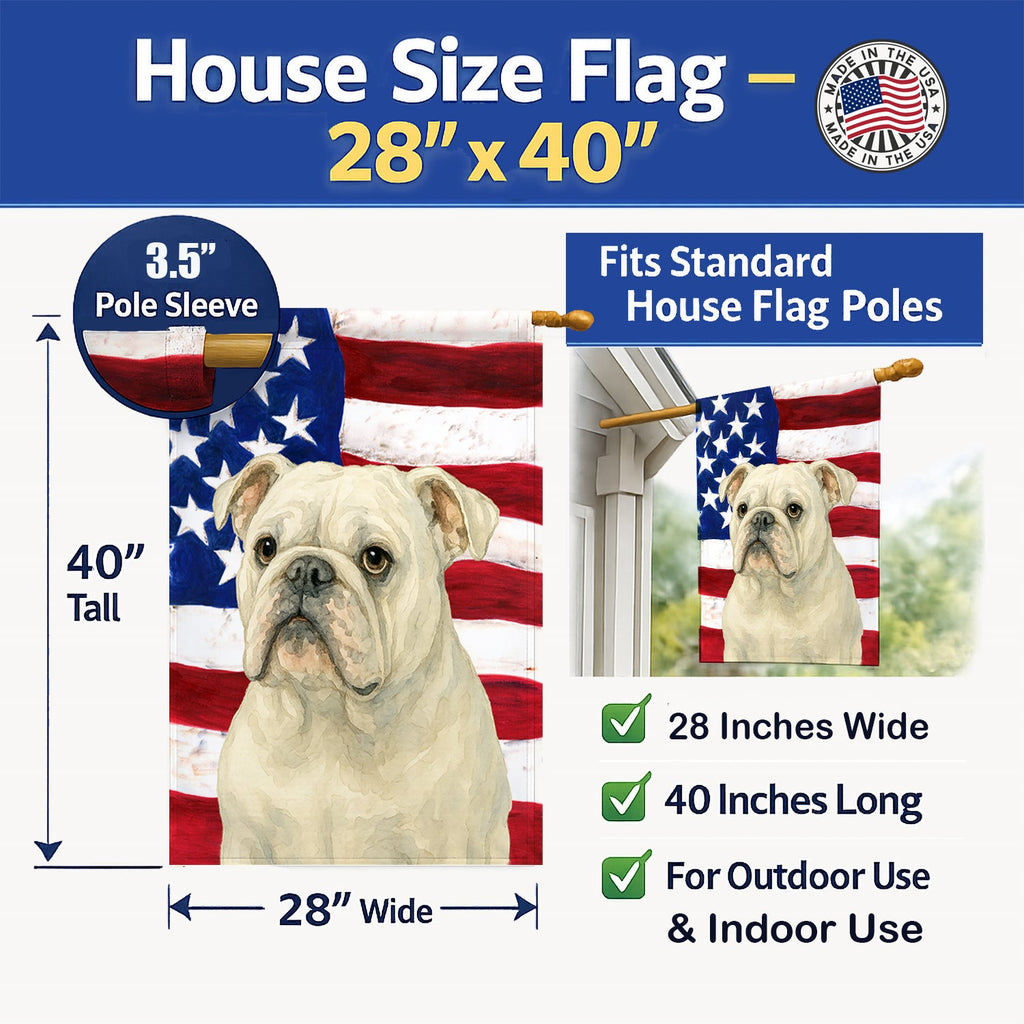White English Bulldog American Flag House Flag 28x40 Porch Sleeve Pole Decorative Outside Yard Banner Artwork Wall Hanging, Polyester