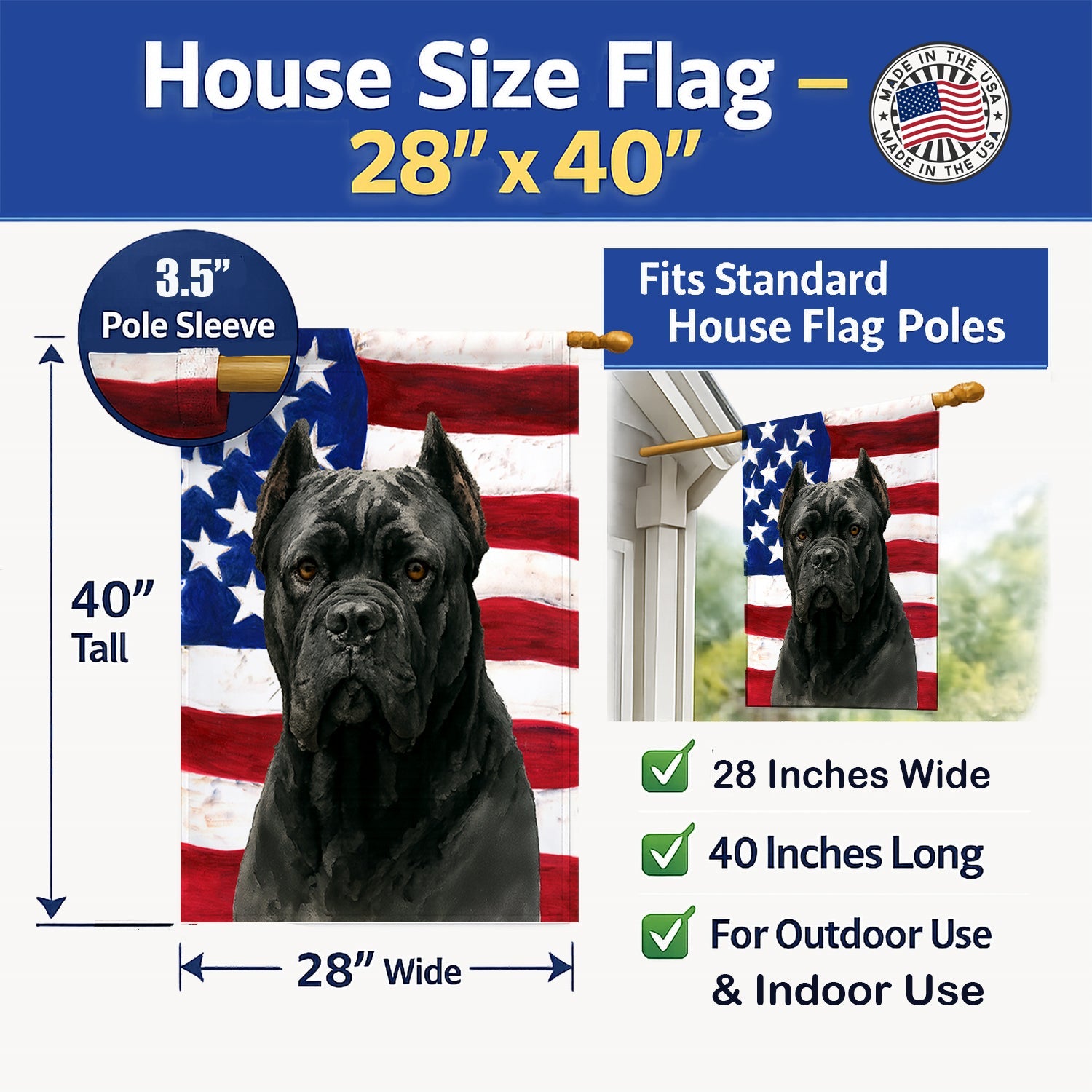 Black Cane Corso American Flag House Flag 28x40 Porch Sleeve Pole Decorative Outside Yard Banner Artwork Wall Hanging, Polyester