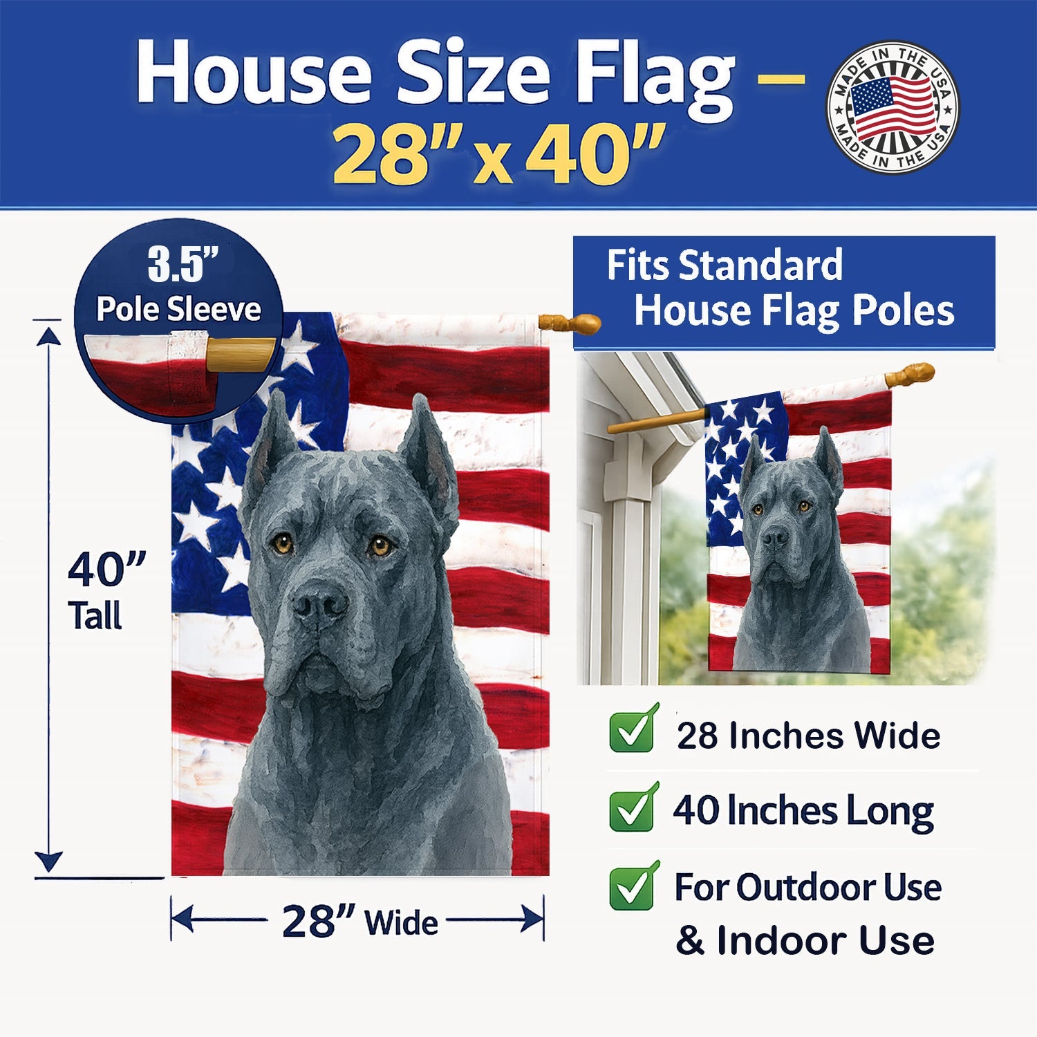 Blue Cane Corso American Flag House Flag 28x40 Porch Sleeve Pole Decorative Outside Yard Banner Artwork Wall Hanging, Polyester