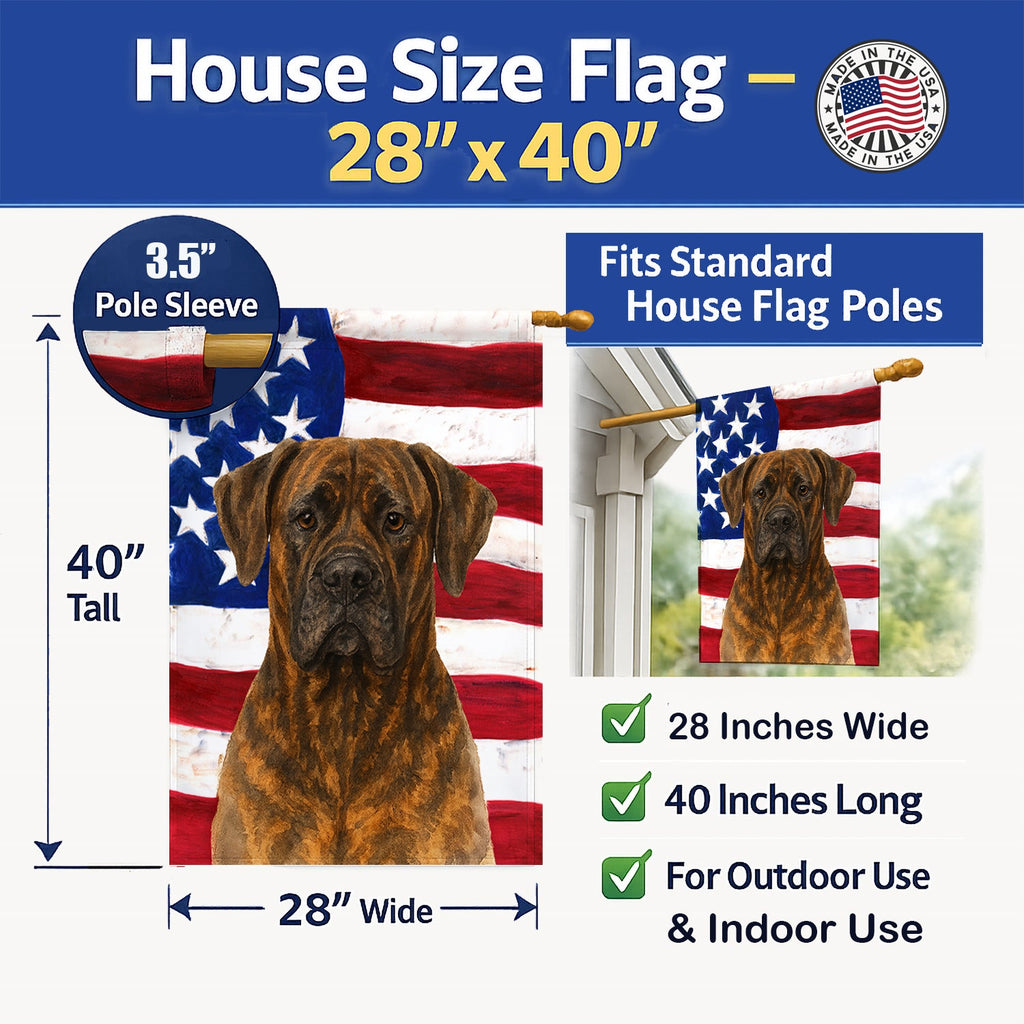 Brindle Cane Corso American Flag House Flag 28x40 Porch Sleeve Pole Decorative Outside Yard Banner Artwork Wall Hanging, Polyester