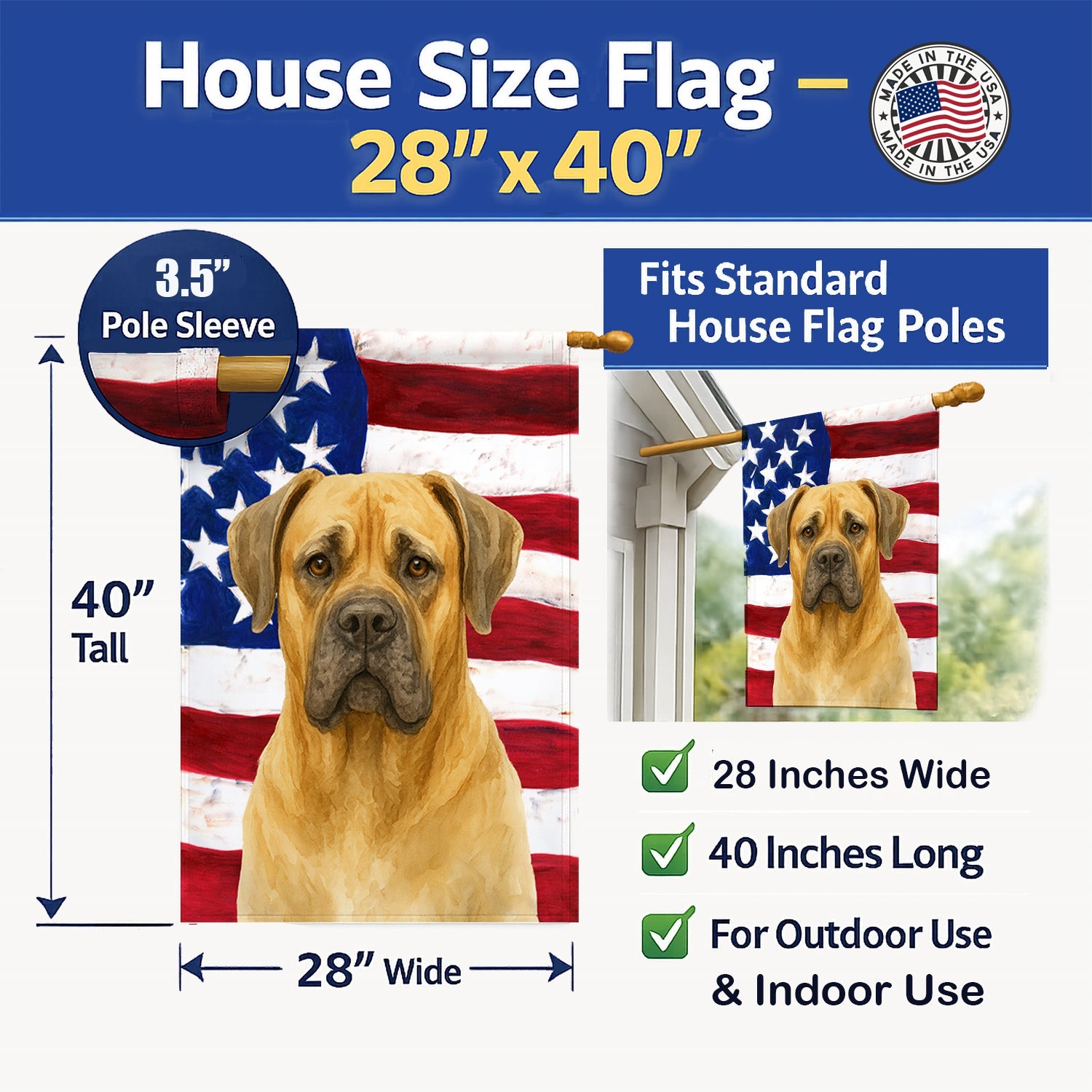 Fawn Cane Corso American Flag House Flag 28x40 Porch Sleeve Pole Decorative Outside Yard Banner Artwork Wall Hanging, Polyester