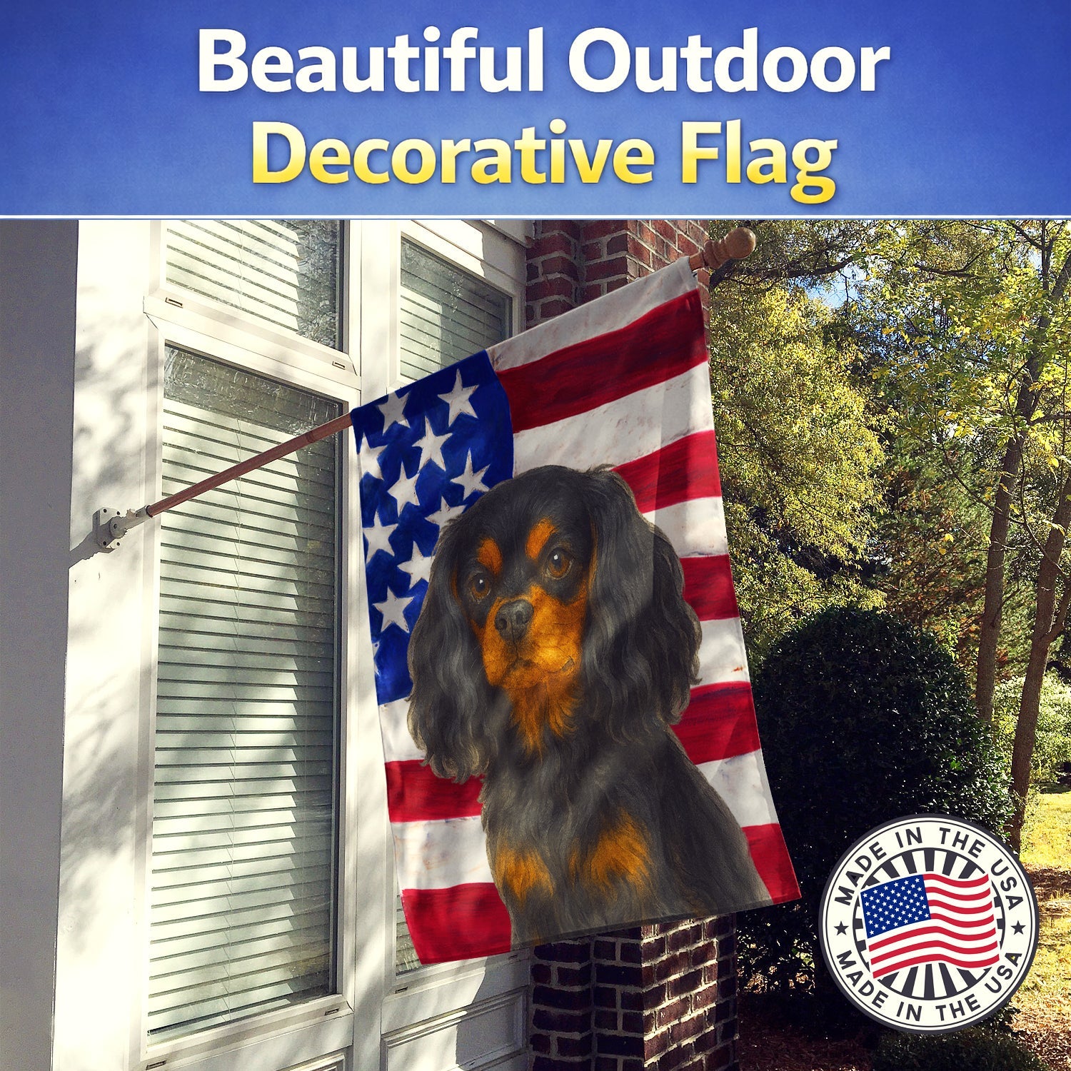 Black and Tan Cavalier Spaniel American Flag House Flag 28x40 Porch Sleeve Pole Decorative Outside Yard Banner Artwork Wall Hanging, Polyester
