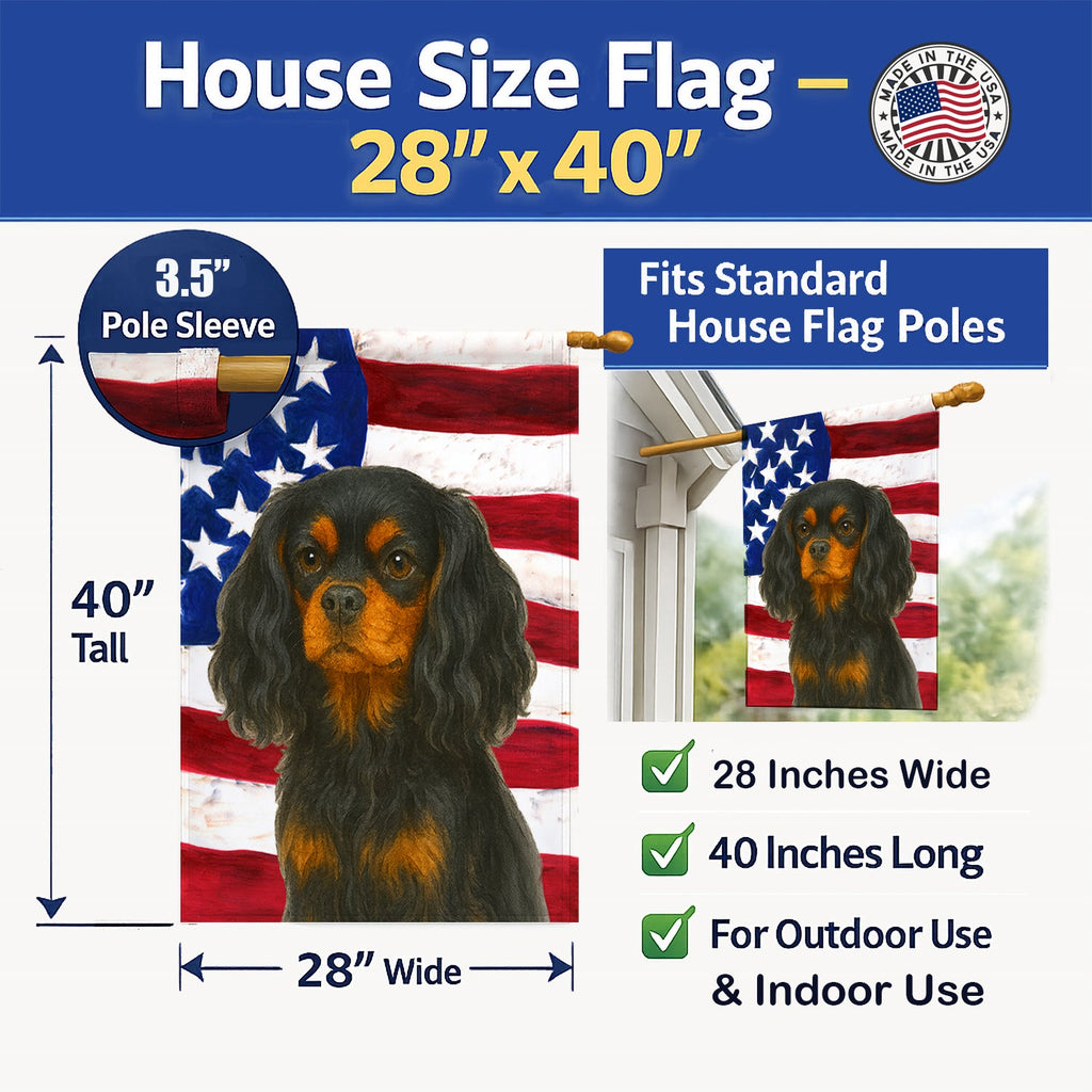 Black and Tan Cavalier Spaniel American Flag House Flag 28x40 Porch Sleeve Pole Decorative Outside Yard Banner Artwork Wall Hanging, Polyester