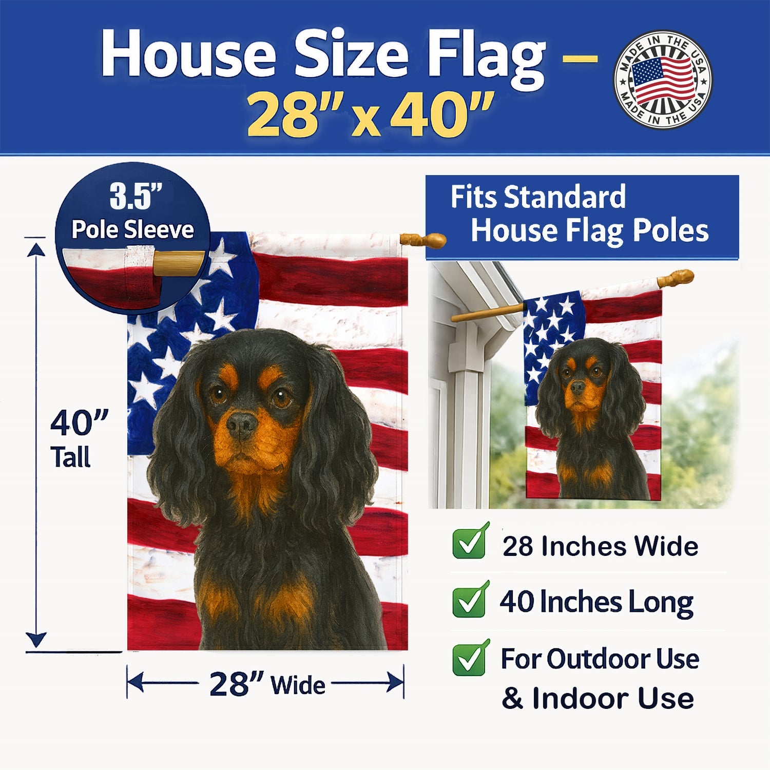 Black and Tan Cavalier Spaniel American Flag House Flag 28x40 Porch Sleeve Pole Decorative Outside Yard Banner Artwork Wall Hanging, Polyester
