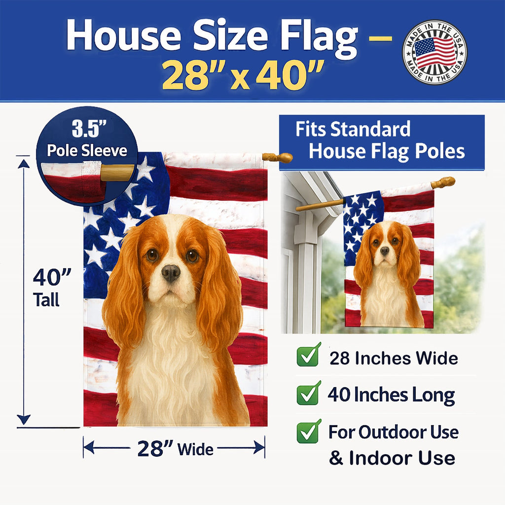 Blenheim Cavalier Spaniel American Flag House Flag 28x40 Porch Sleeve Pole Decorative Outside Yard Banner Artwork Wall Hanging, Polyester