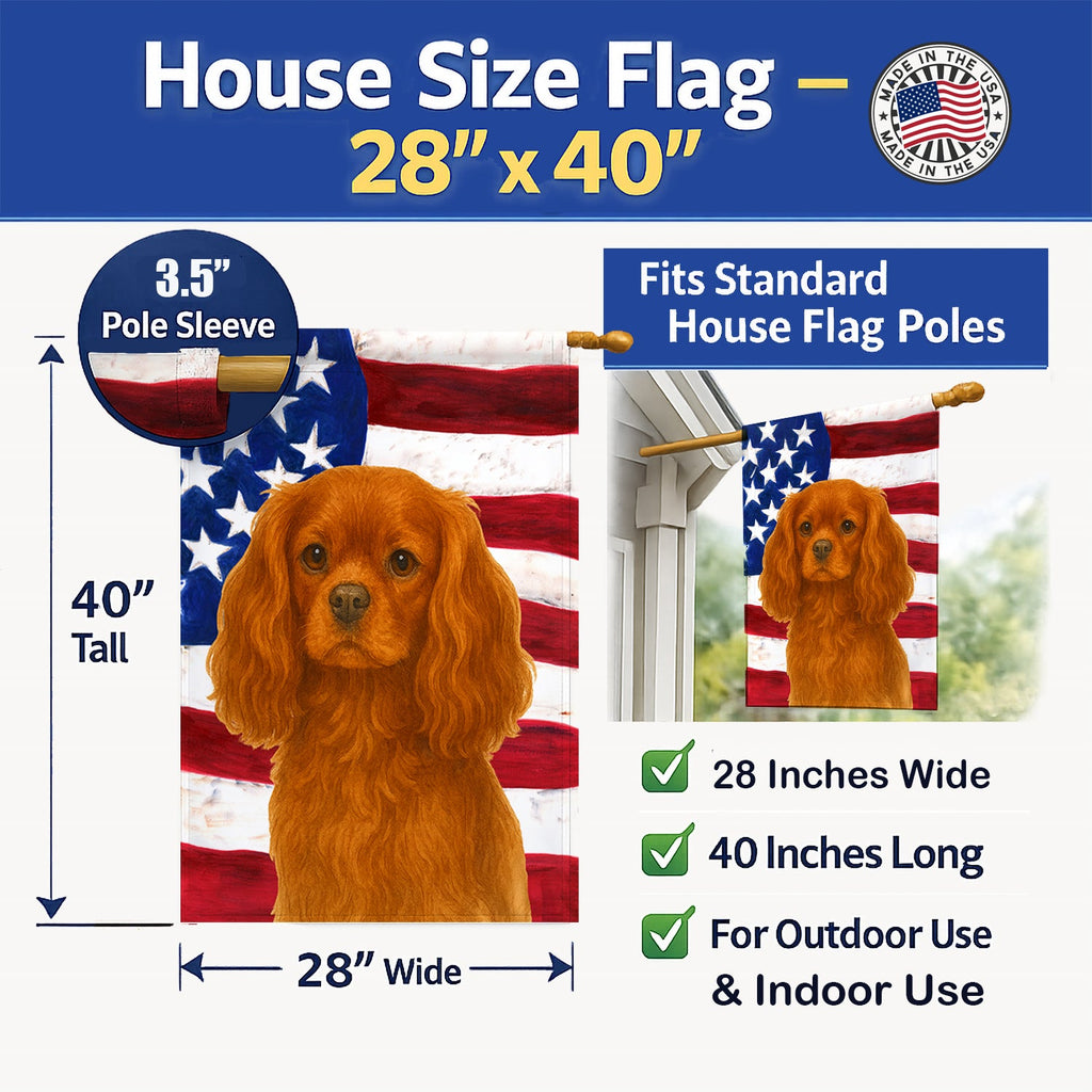 Ruby Cavalier Spaniel American Flag House Flag 28x40 Porch Sleeve Pole Decorative Outside Yard Banner Artwork Wall Hanging, Polyester