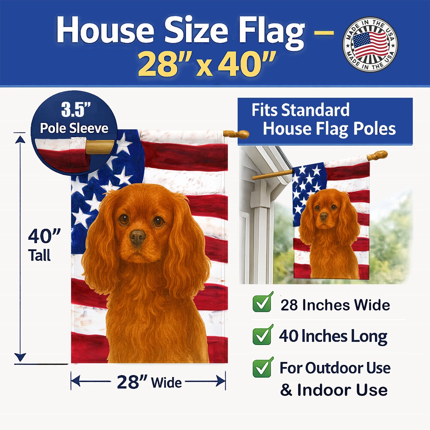 Ruby Cavalier Spaniel American Flag House Flag 28x40 Porch Sleeve Pole Decorative Outside Yard Banner Artwork Wall Hanging, Polyester