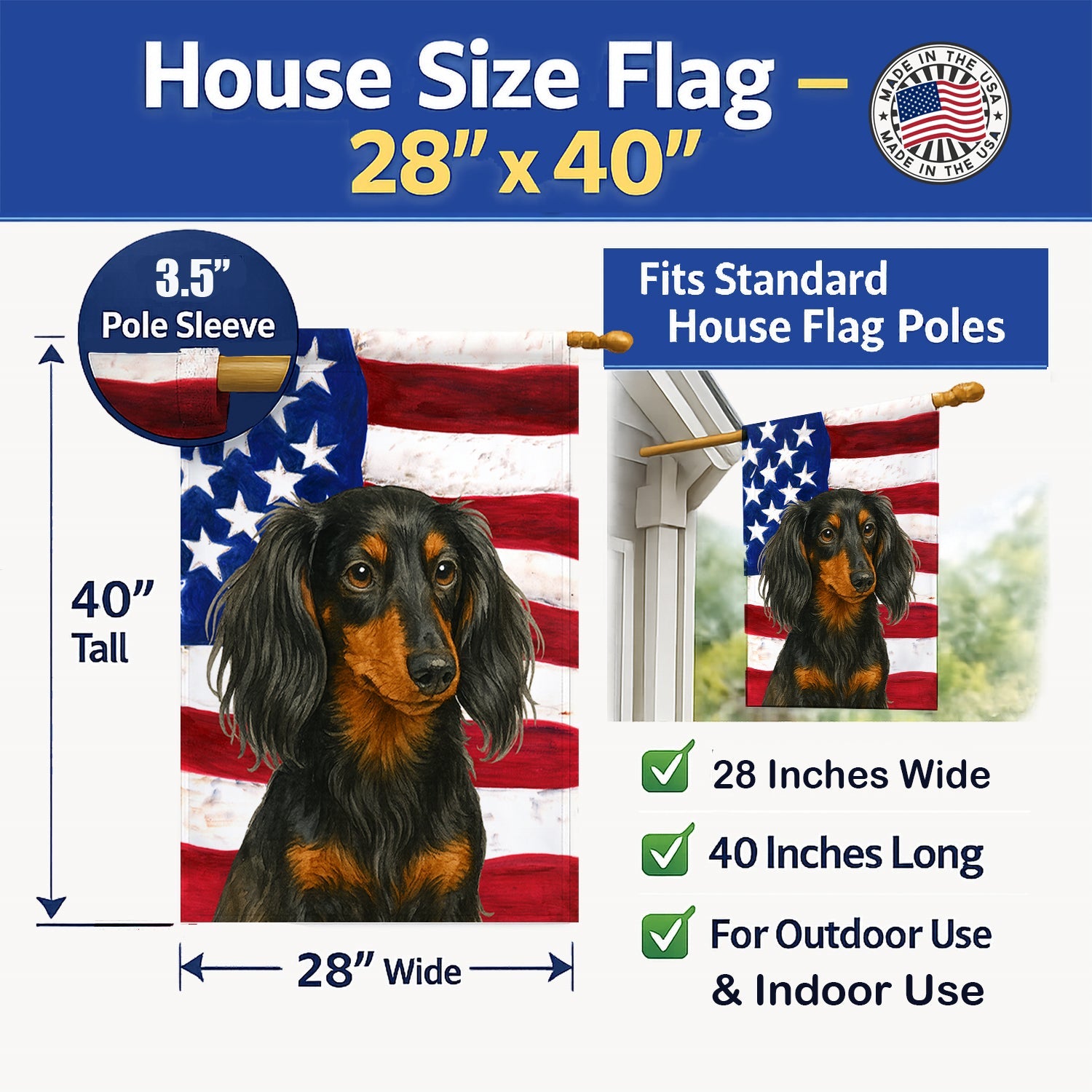Longhaired Black and Tan Dachshund American Flag House Flag 28x40 Porch Sleeve Pole Decorative Outside Yard Banner Artwork Wall Hanging, Polyester